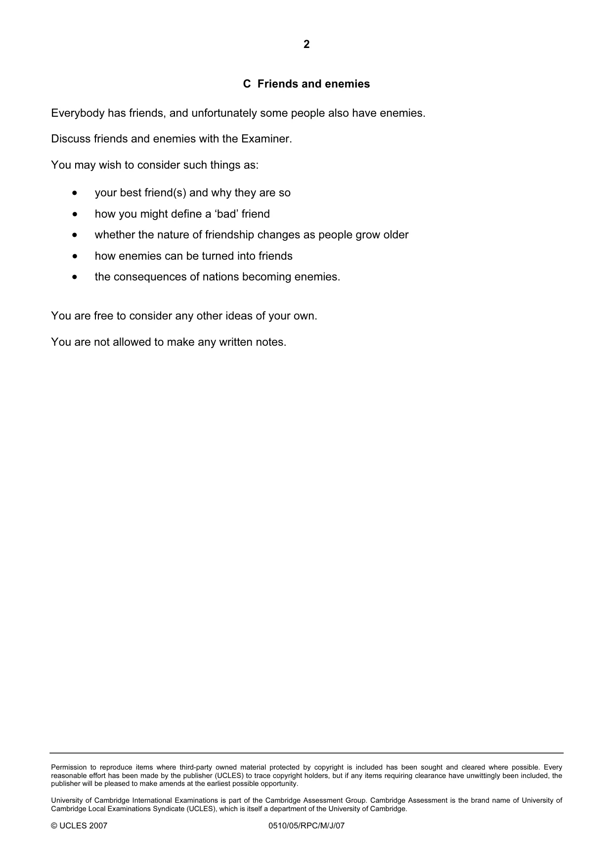 Cambridge IGCSE English - Second Language (oral endorsement) 0510 2007 May/June Paper 5 · Variant 1 question paper, page 6 of 10
