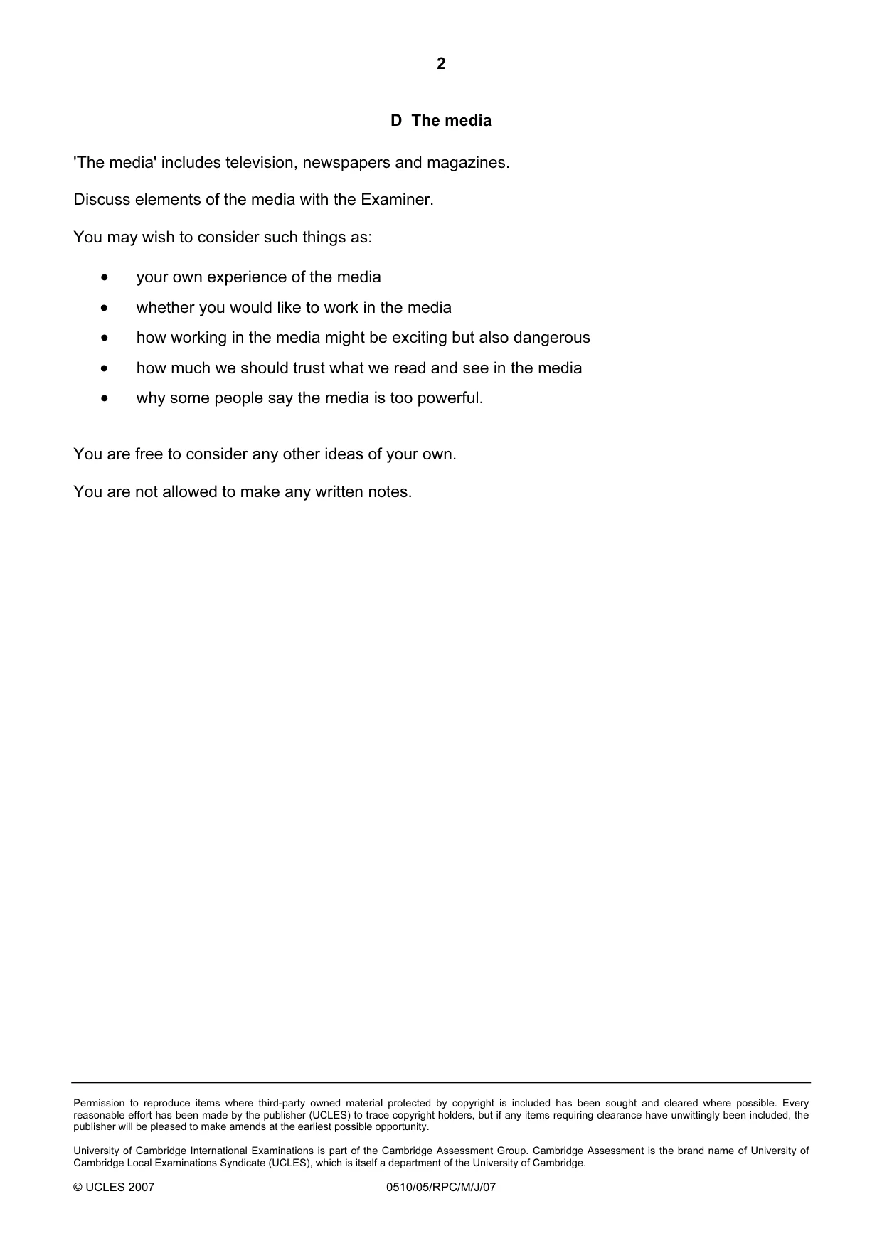 Cambridge IGCSE English - Second Language (oral endorsement) 0510 2007 May/June Paper 5 · Variant 1 question paper, page 8 of 10