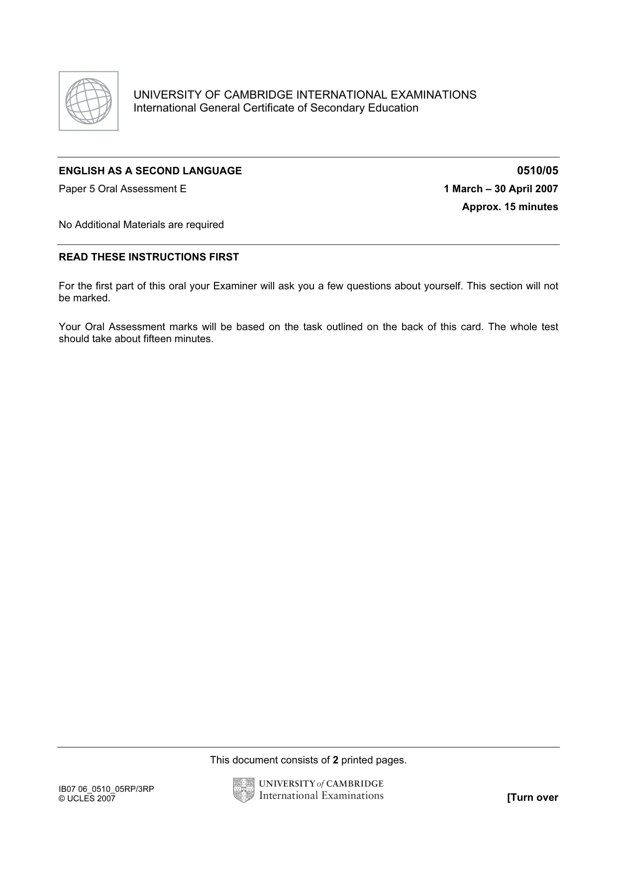 Cambridge IGCSE English - Second Language (oral endorsement) 0510 2007 May/June Paper 5 · Variant 1 question paper, page 9 of 10