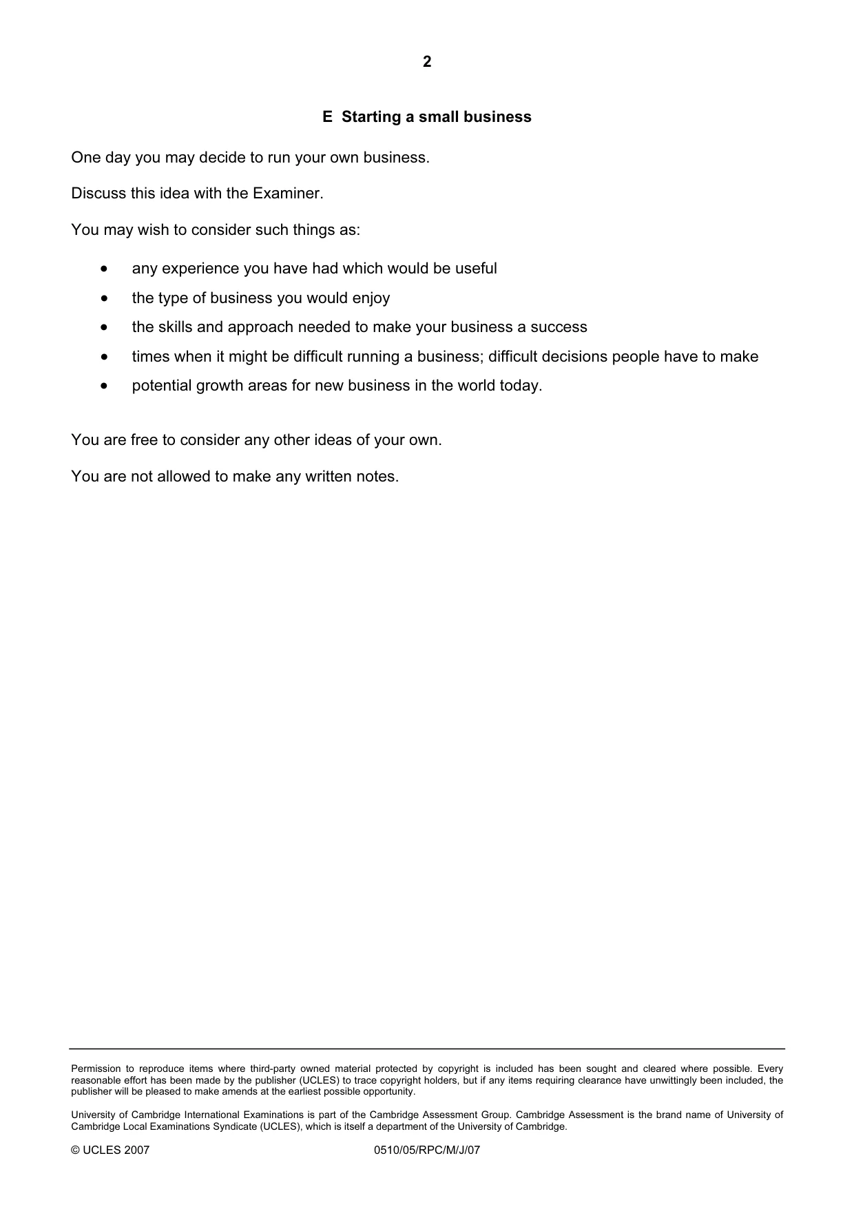 Cambridge IGCSE English - Second Language (oral endorsement) 0510 2007 May/June Paper 5 · Variant 1 question paper, page 10 of 10