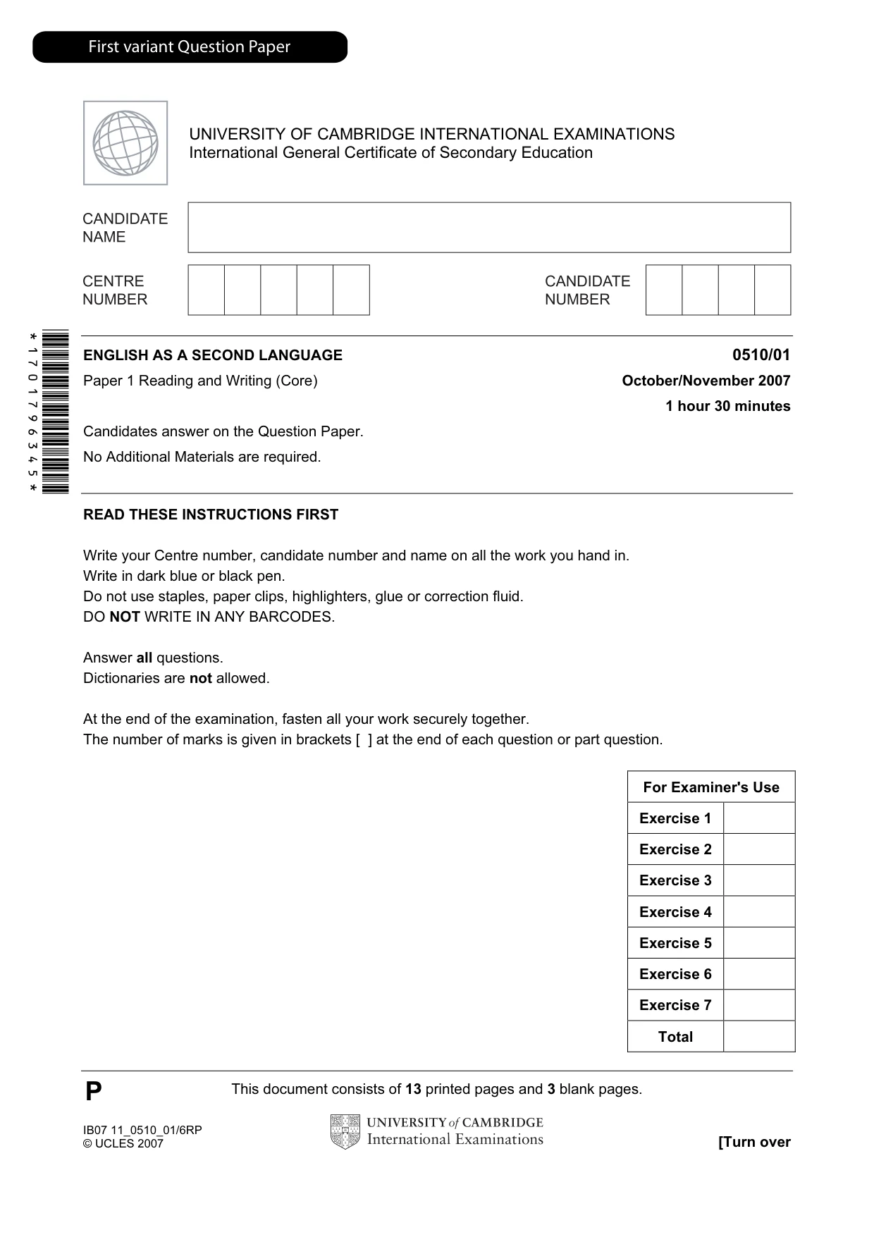 Cambridge IGCSE English - Second Language (oral endorsement) 0510 2007 Oct/Nov Paper 1 · Variant 1 question paper, page 2 of 33