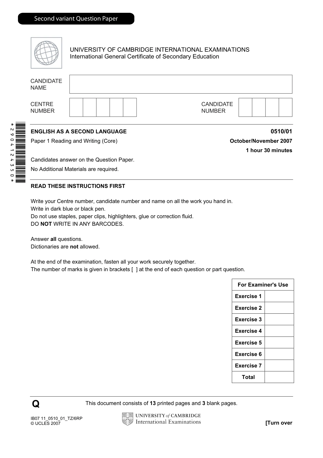 Cambridge IGCSE English - Second Language (oral endorsement) 0510 2007 Oct/Nov Paper 1 · Variant 1 question paper, page 18 of 33