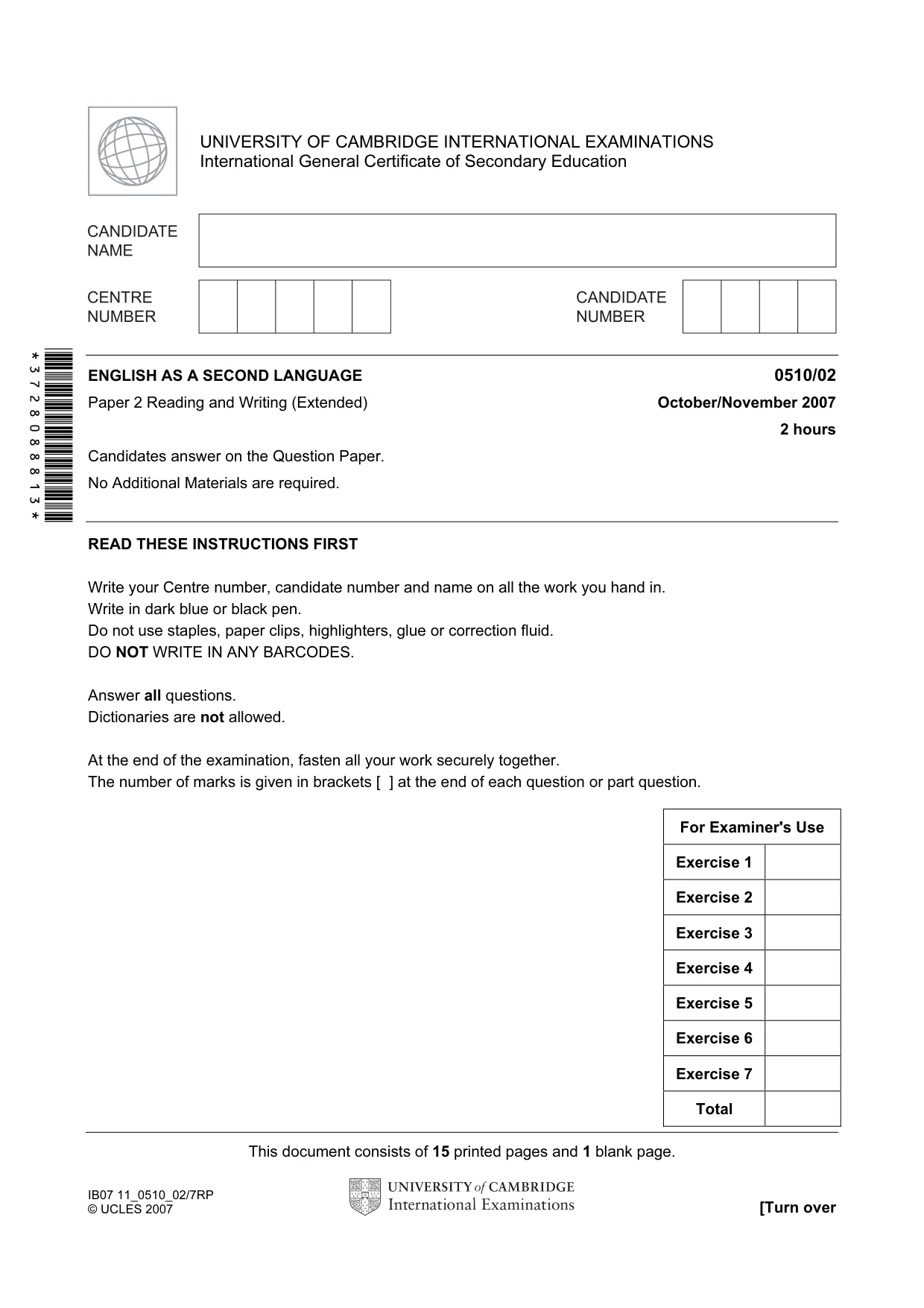 Cambridge IGCSE English - Second Language (oral endorsement) 0510 2007 Oct/Nov Paper 2 · Variant 1 question paper, page 1 of 16