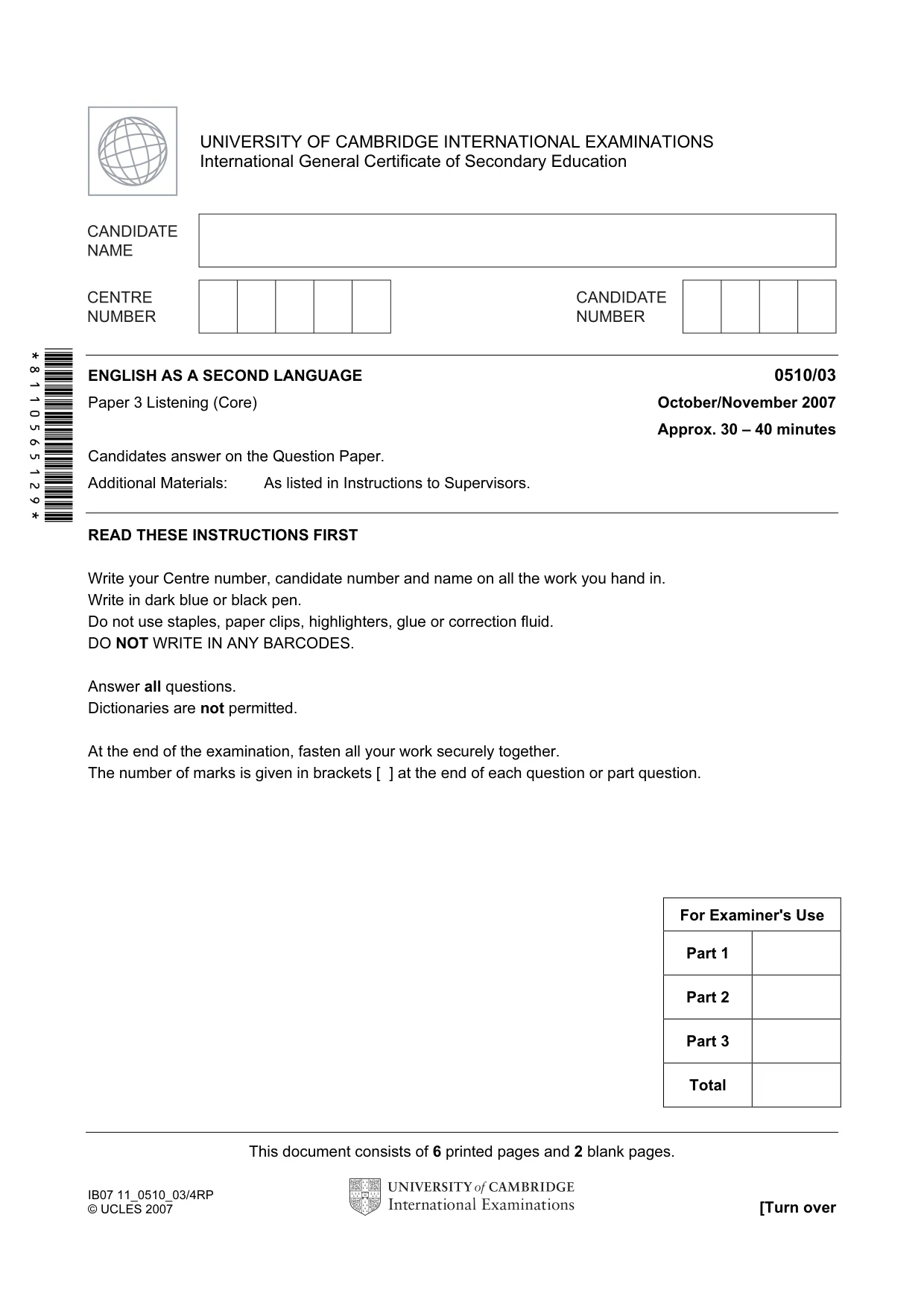 Cambridge IGCSE English - Second Language (oral endorsement) 0510 2007 Oct/Nov Paper 3 · Variant 1 question paper, page 1 of 8