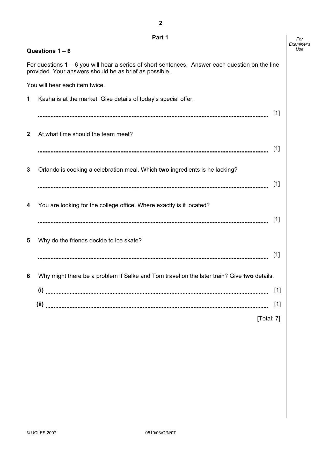 Cambridge IGCSE English - Second Language (oral endorsement) 0510 2007 Oct/Nov Paper 3 · Variant 1 question paper, page 2 of 8