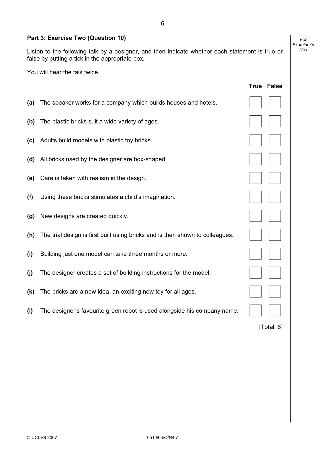 Cambridge IGCSE English - Second Language (oral endorsement) 0510 2007 Oct/Nov Paper 3 · Variant 1 question paper, page 6 of 8