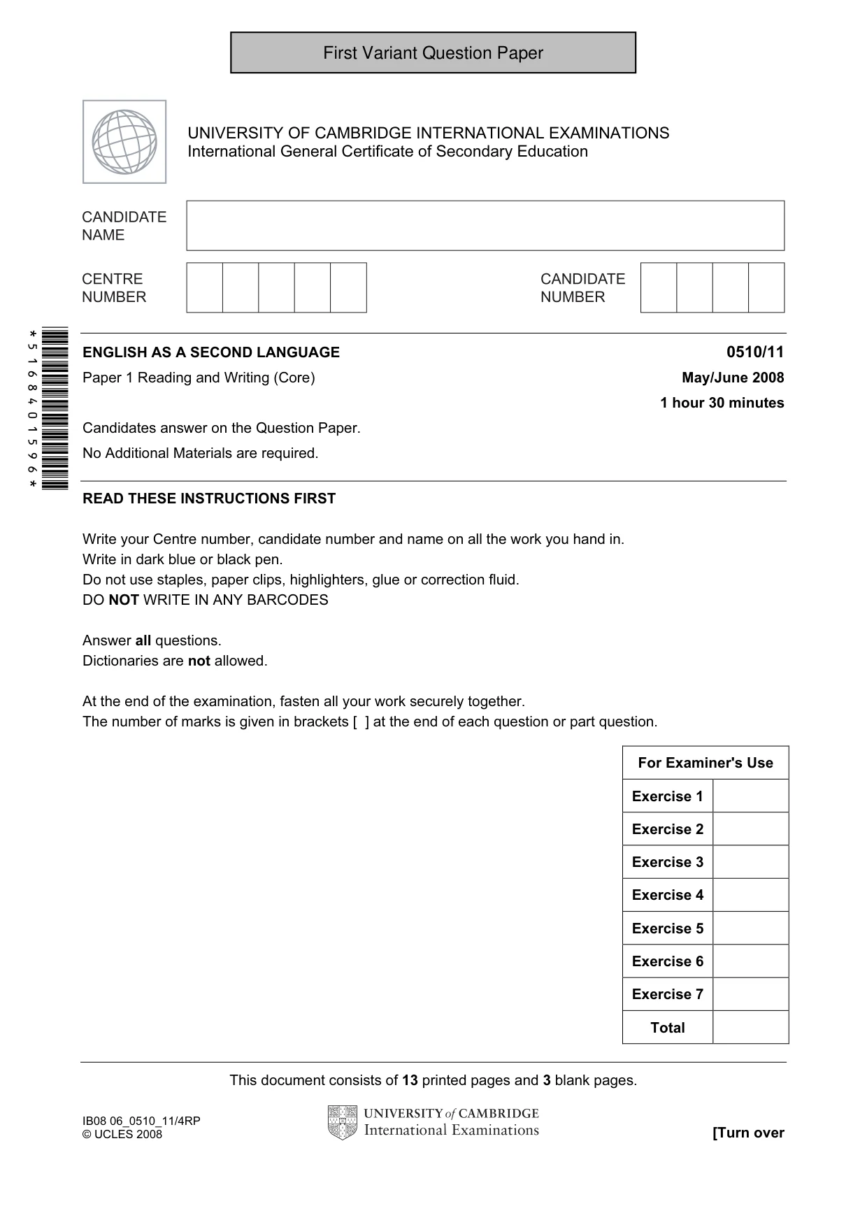 Cambridge IGCSE English - Second Language (oral endorsement) 0510 2008 May/June Paper 1 · Variant 1 question paper, page 2 of 33