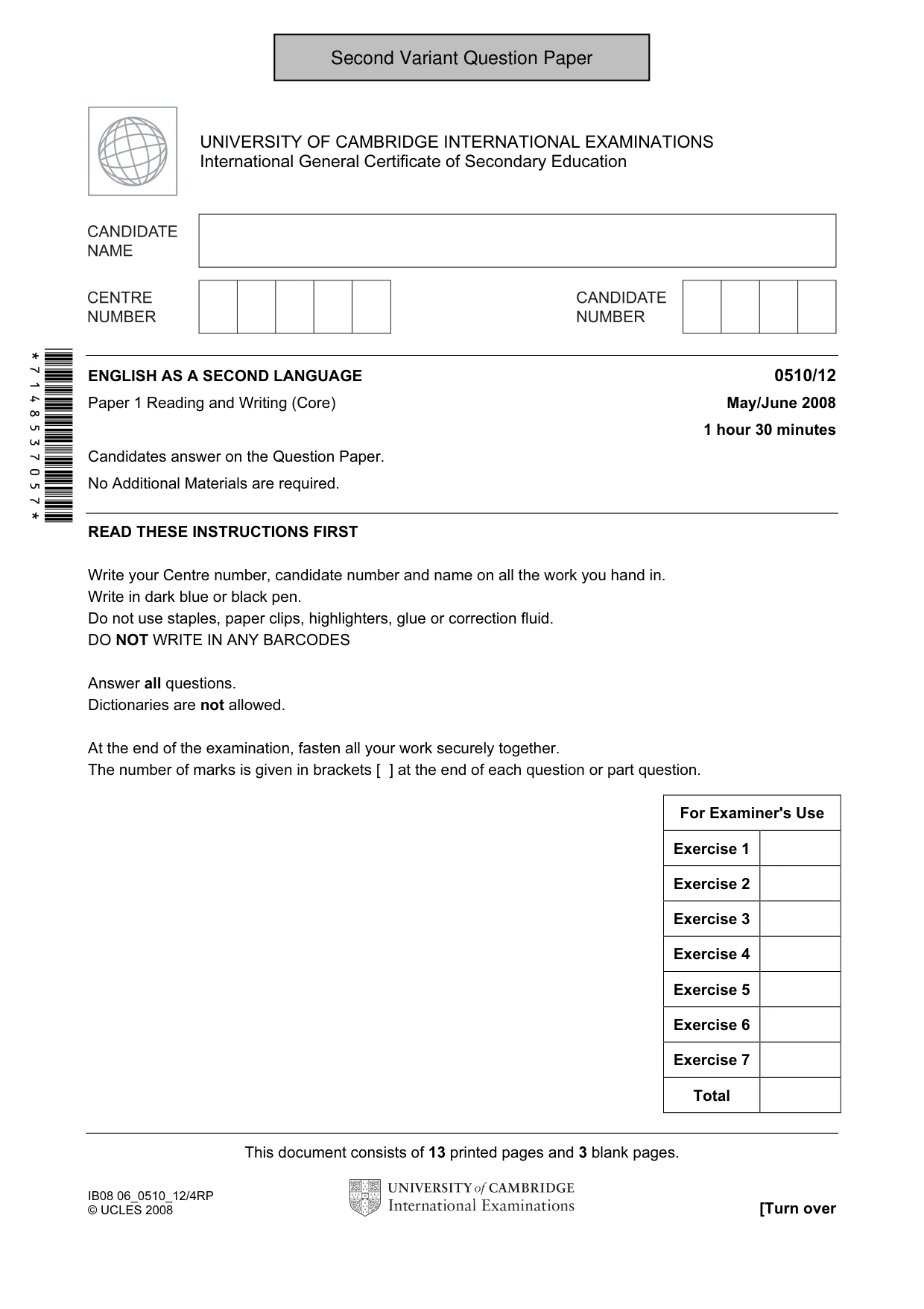 Cambridge IGCSE English - Second Language (oral endorsement) 0510 2008 May/June Paper 1 · Variant 1 question paper, page 18 of 33