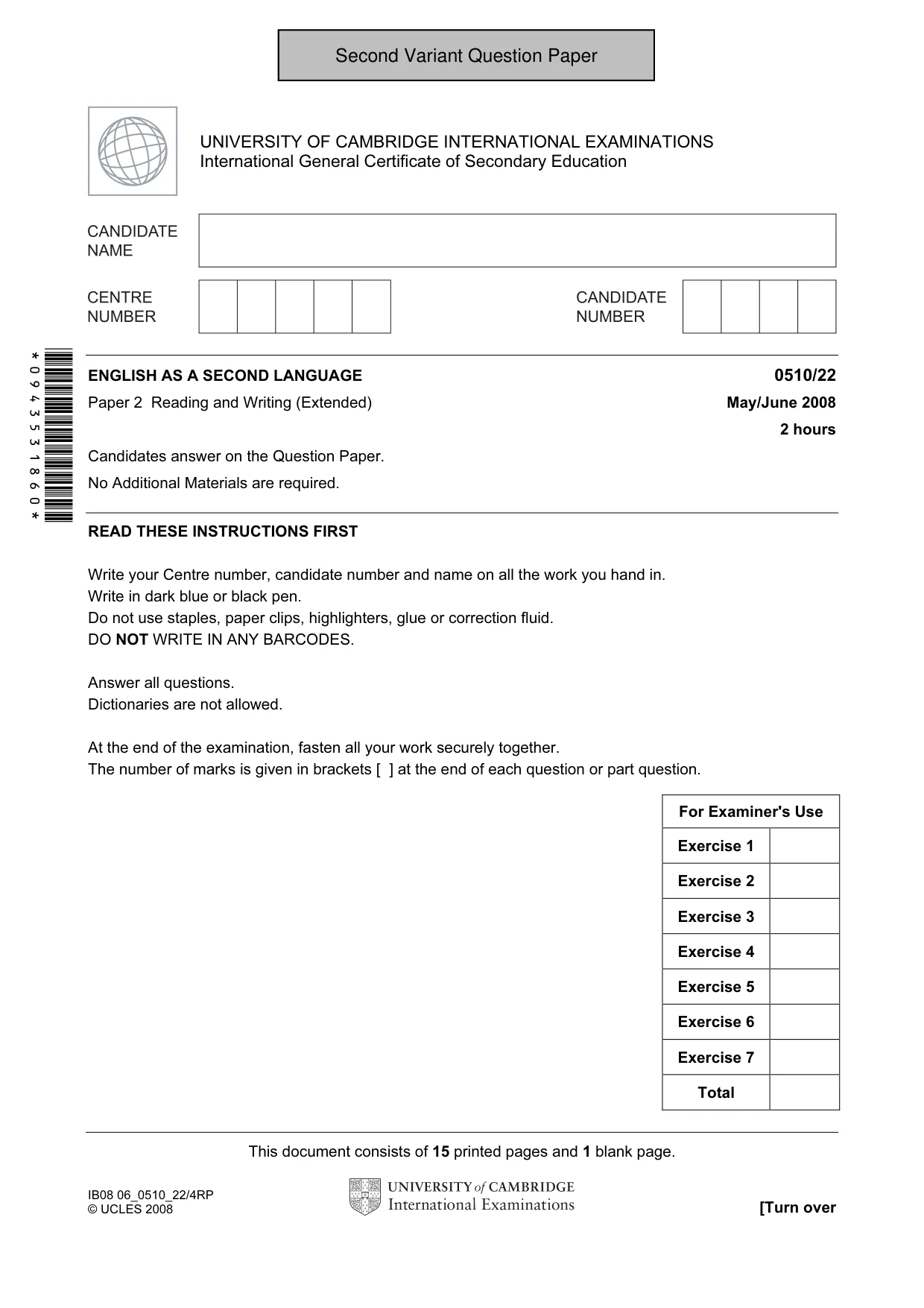 Cambridge IGCSE English - Second Language (oral endorsement) 0510 2008 May/June Paper 2 · Variant 1 question paper, page 18 of 33