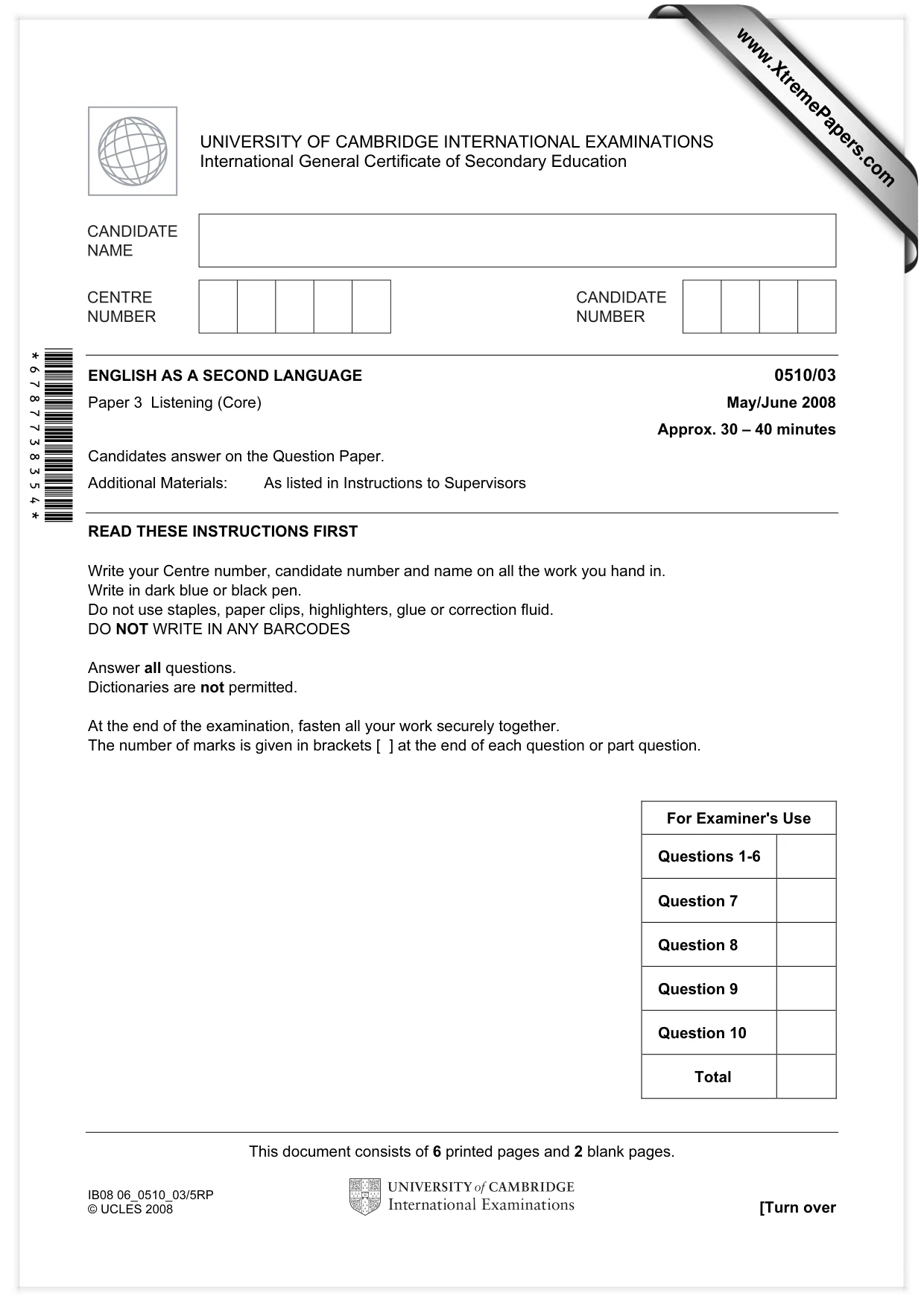 Cambridge IGCSE English - Second Language (oral endorsement) 0510 2008 May/June Paper 3 · Variant 1 question paper, page 1 of 8