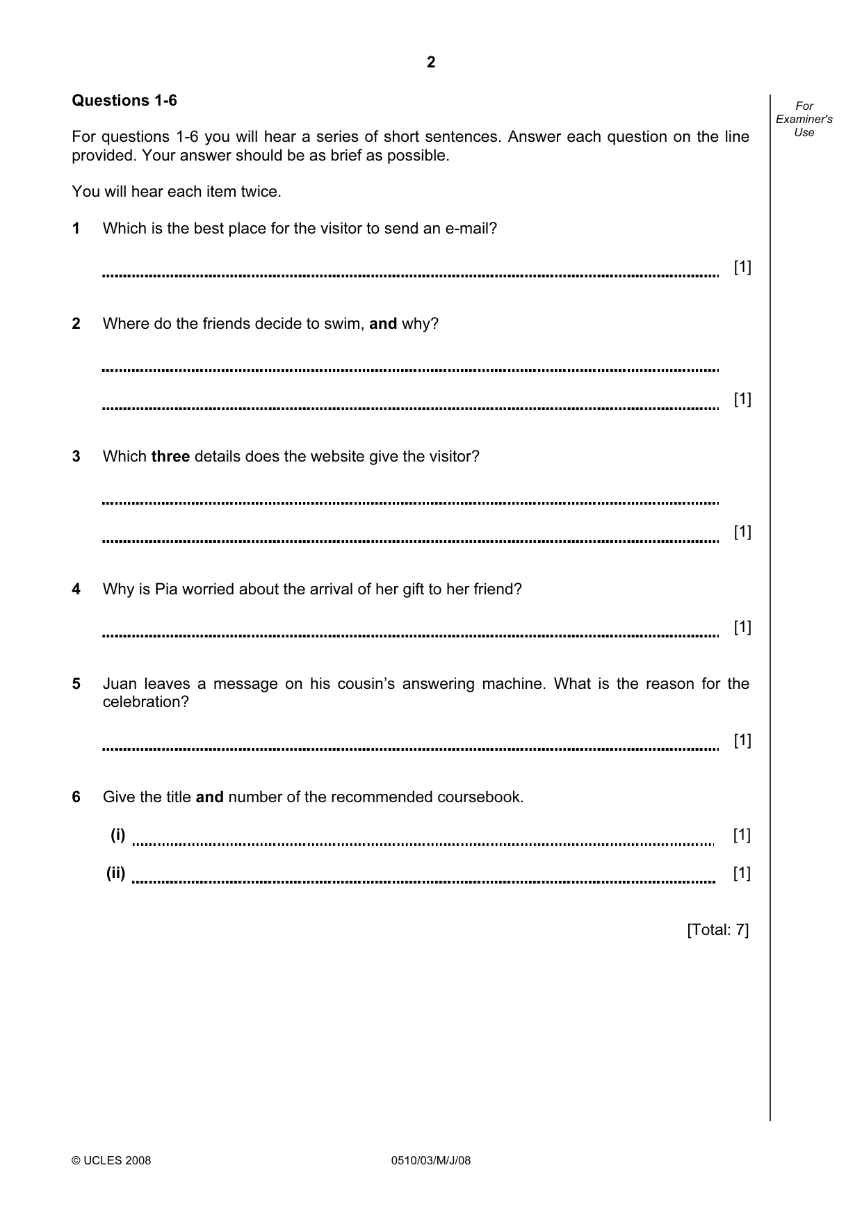 Cambridge IGCSE English - Second Language (oral endorsement) 0510 2008 May/June Paper 3 · Variant 1 question paper, page 2 of 8