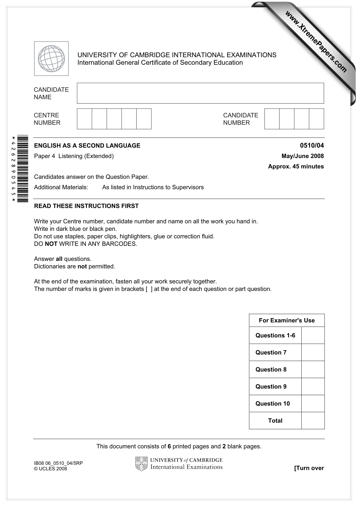 Cambridge IGCSE English - Second Language (oral endorsement) 0510 2008 May/June Paper 4 · Variant 1 question paper, page 1 of 8