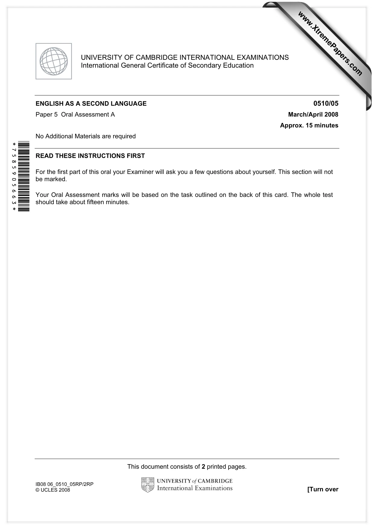 Cambridge IGCSE English - Second Language (oral endorsement) 0510 2008 May/June Paper 5 · Variant 1 question paper, page 1 of 10