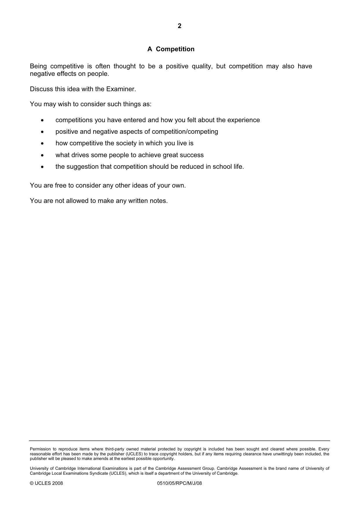 Cambridge IGCSE English - Second Language (oral endorsement) 0510 2008 May/June Paper 5 · Variant 1 question paper, page 2 of 10