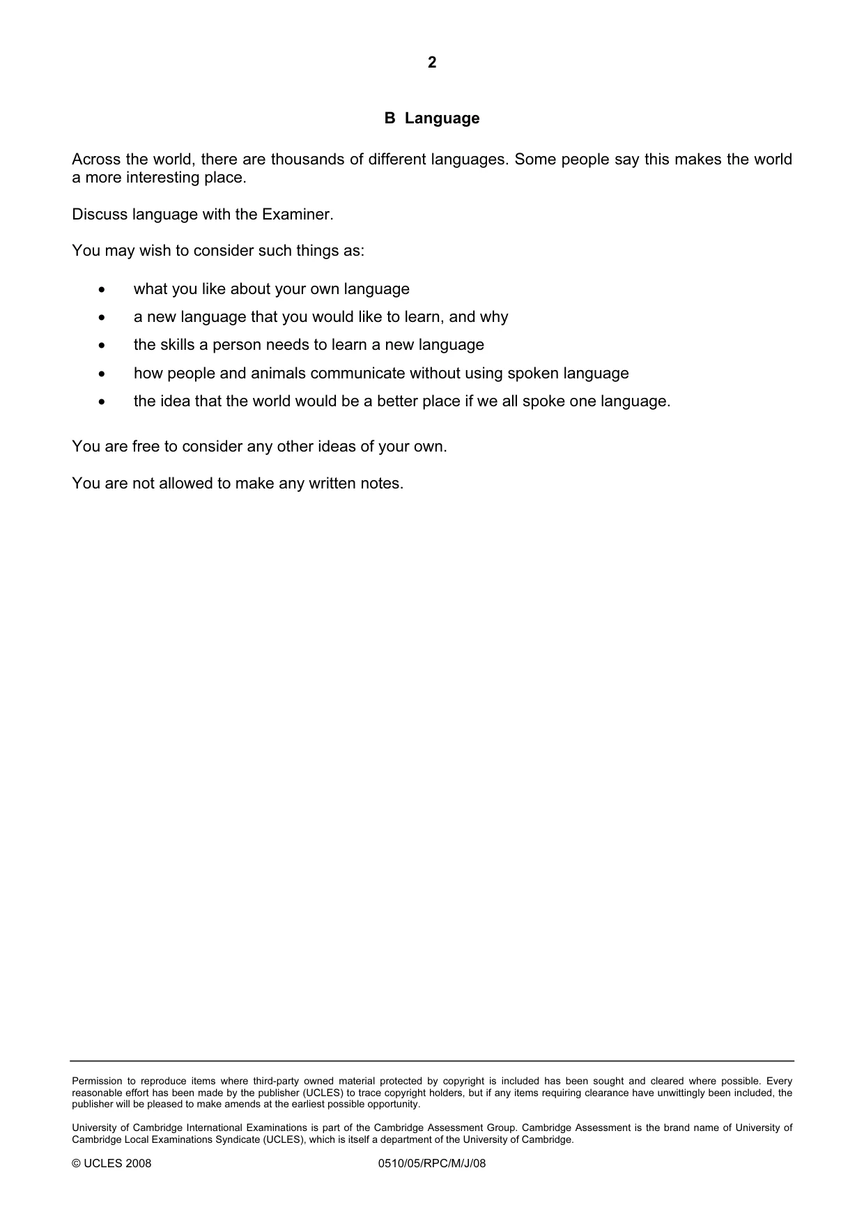 Cambridge IGCSE English - Second Language (oral endorsement) 0510 2008 May/June Paper 5 · Variant 1 question paper, page 4 of 10