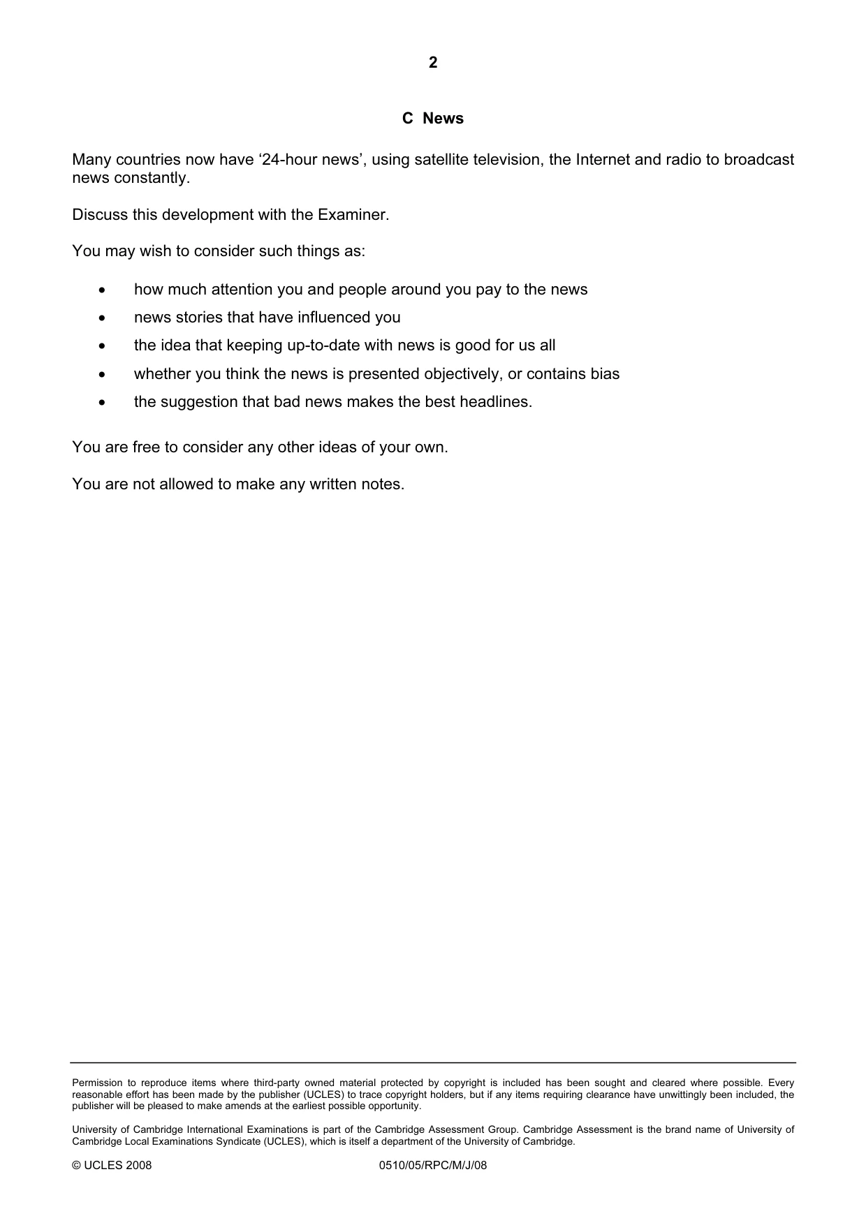 Cambridge IGCSE English - Second Language (oral endorsement) 0510 2008 May/June Paper 5 · Variant 1 question paper, page 6 of 10