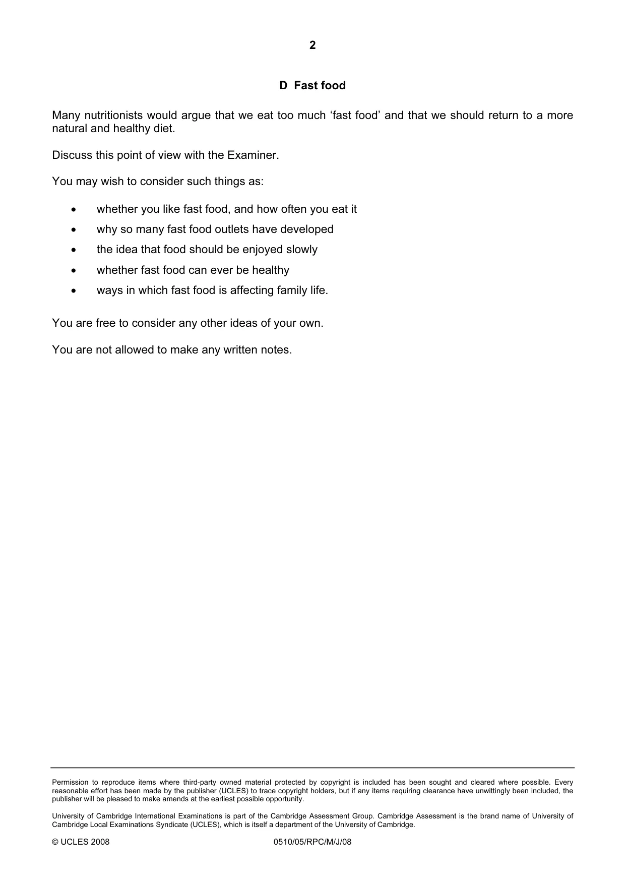 Cambridge IGCSE English - Second Language (oral endorsement) 0510 2008 May/June Paper 5 · Variant 1 question paper, page 8 of 10
