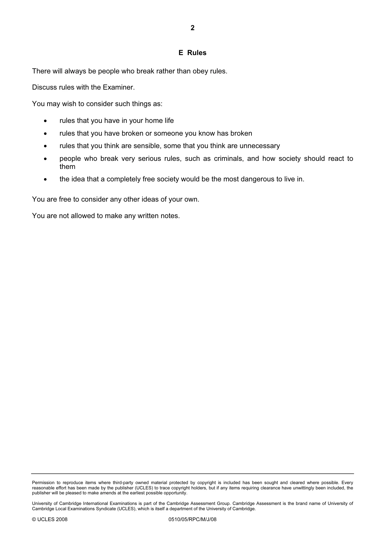 Cambridge IGCSE English - Second Language (oral endorsement) 0510 2008 May/June Paper 5 · Variant 1 question paper, page 10 of 10