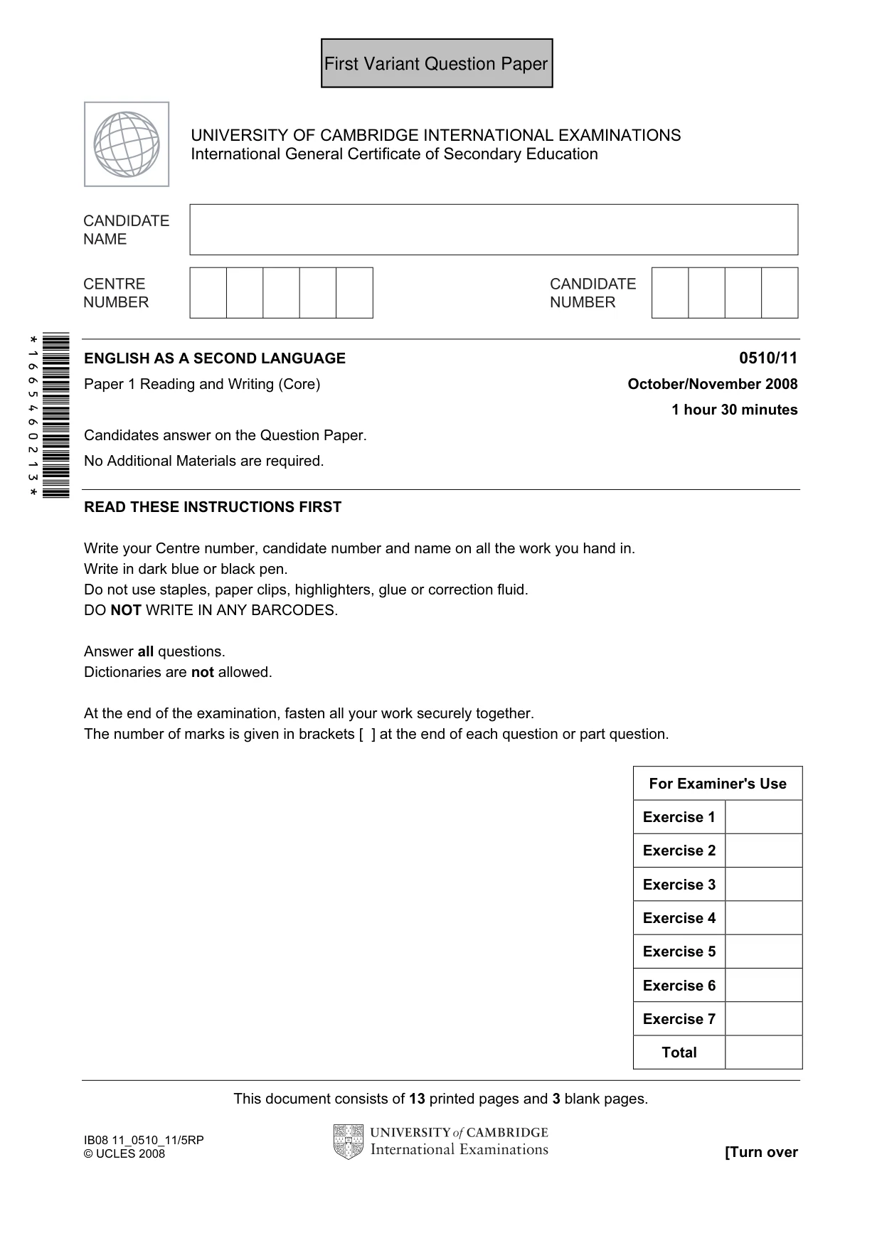 Cambridge IGCSE English - Second Language (oral endorsement) 0510 2008 Oct/Nov Paper 1 · Variant 0 question paper, page 2 of 33