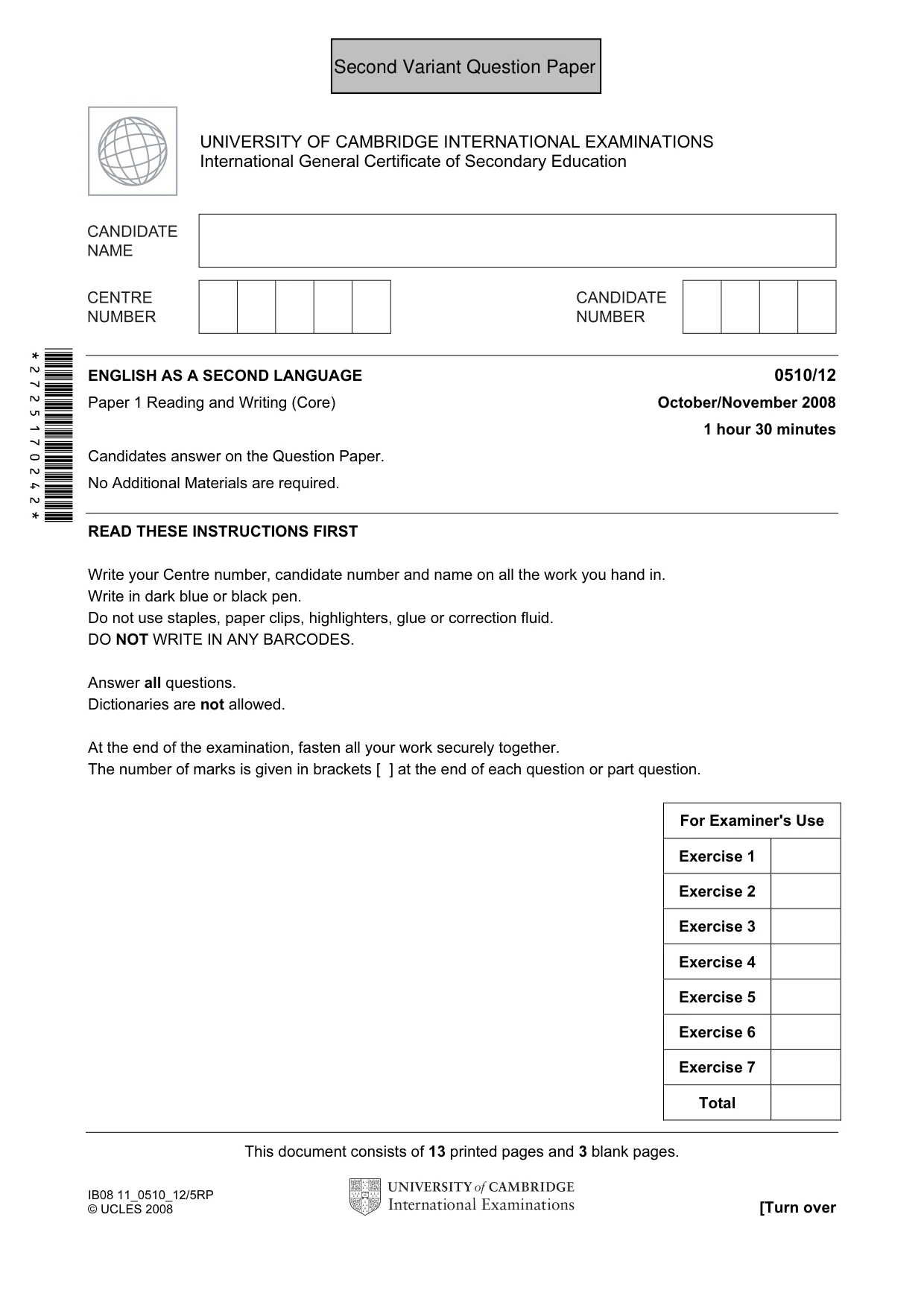 Cambridge IGCSE English - Second Language (oral endorsement) 0510 2008 Oct/Nov Paper 1 · Variant 0 question paper, page 18 of 33