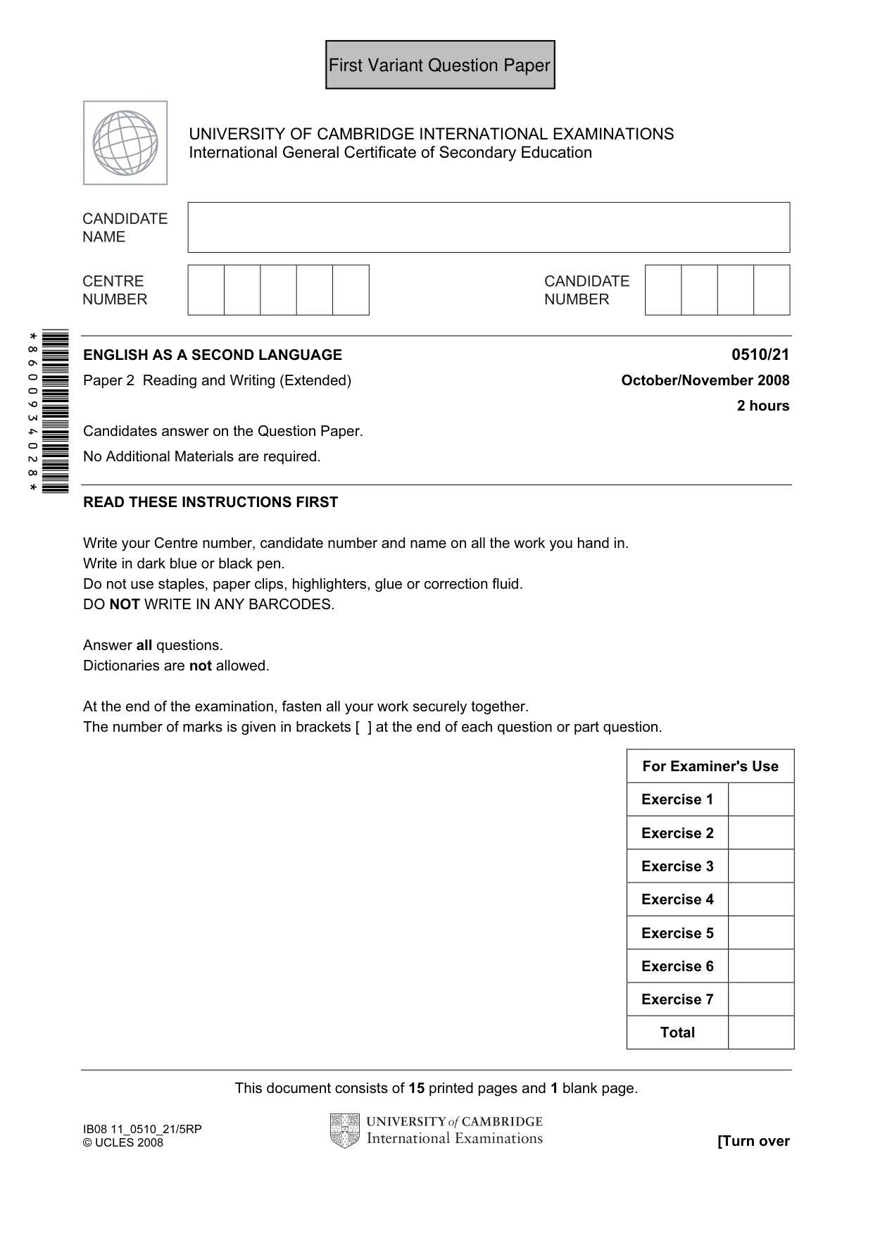Cambridge IGCSE English - Second Language (oral endorsement) 0510 2008 Oct/Nov Paper 2 · Variant 0 question paper, page 2 of 33