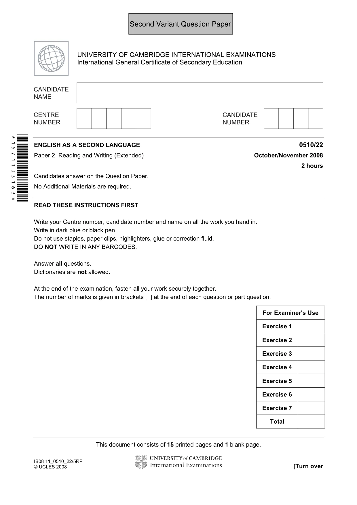 Cambridge IGCSE English - Second Language (oral endorsement) 0510 2008 Oct/Nov Paper 2 · Variant 0 question paper, page 18 of 33