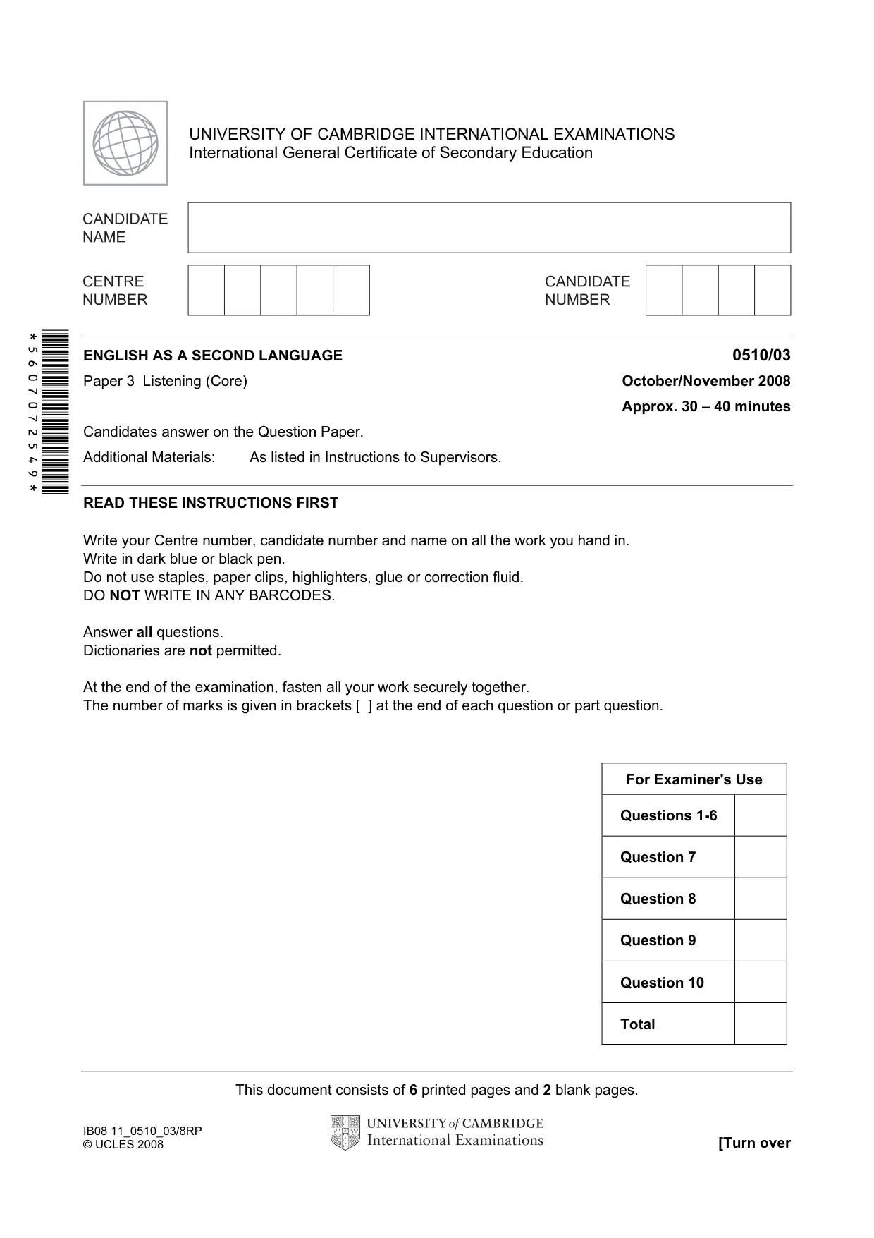 Cambridge IGCSE English - Second Language (oral endorsement) 0510 2008 Oct/Nov Paper 3 · Variant 0 question paper, page 1 of 8