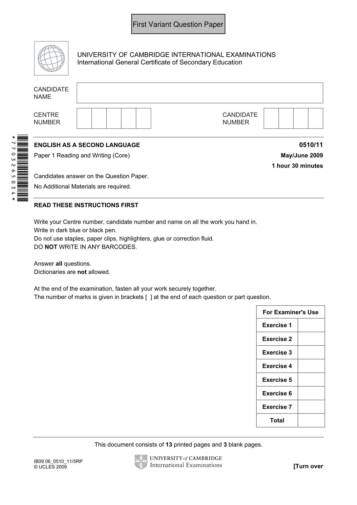 Cambridge IGCSE English - Second Language (oral endorsement) 0510 2009 May/June Paper 1 · Variant 1 question paper, page 2 of 33