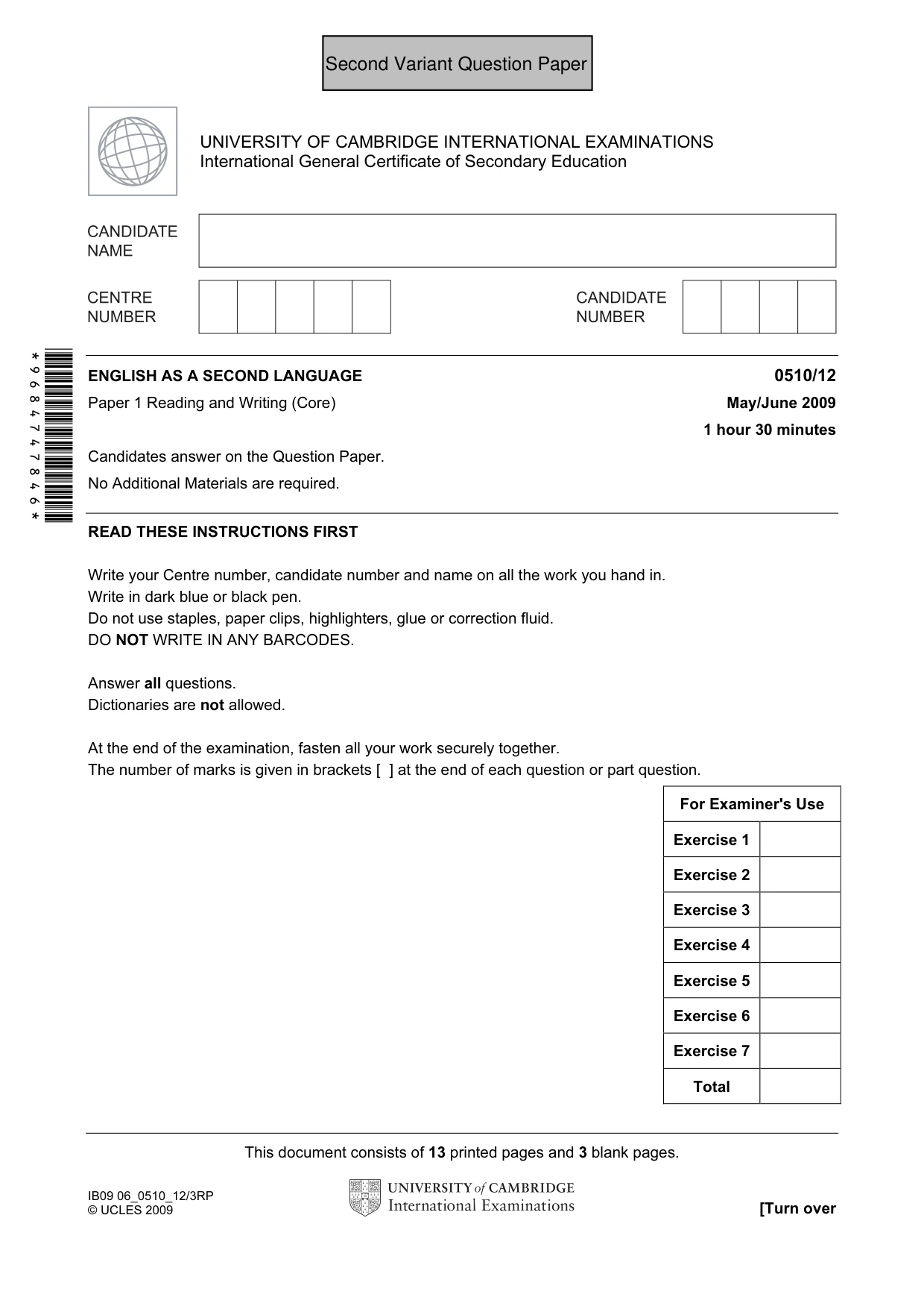 Cambridge IGCSE English - Second Language (oral endorsement) 0510 2009 May/June Paper 1 · Variant 1 question paper, page 18 of 33
