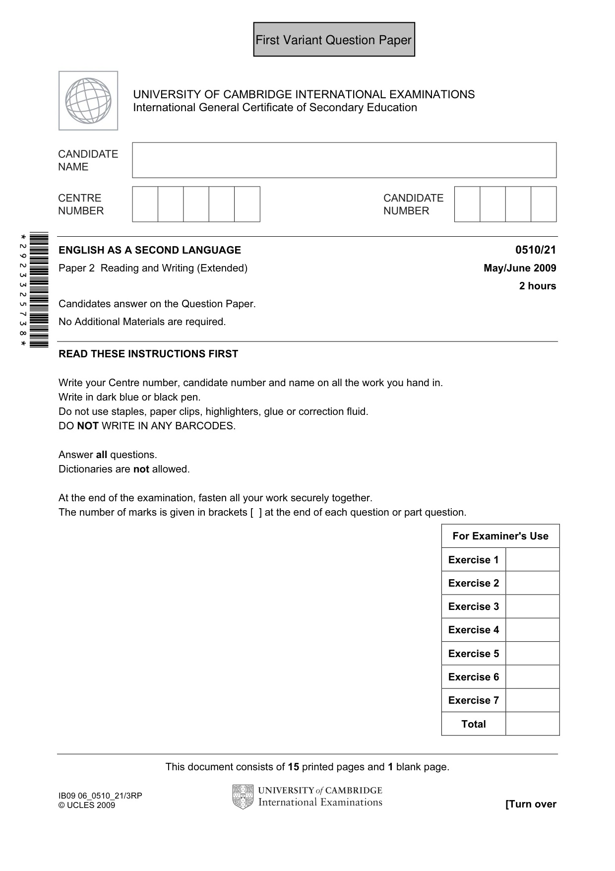Cambridge IGCSE English - Second Language (oral endorsement) 0510 2009 May/June Paper 2 · Variant 1 question paper, page 2 of 33