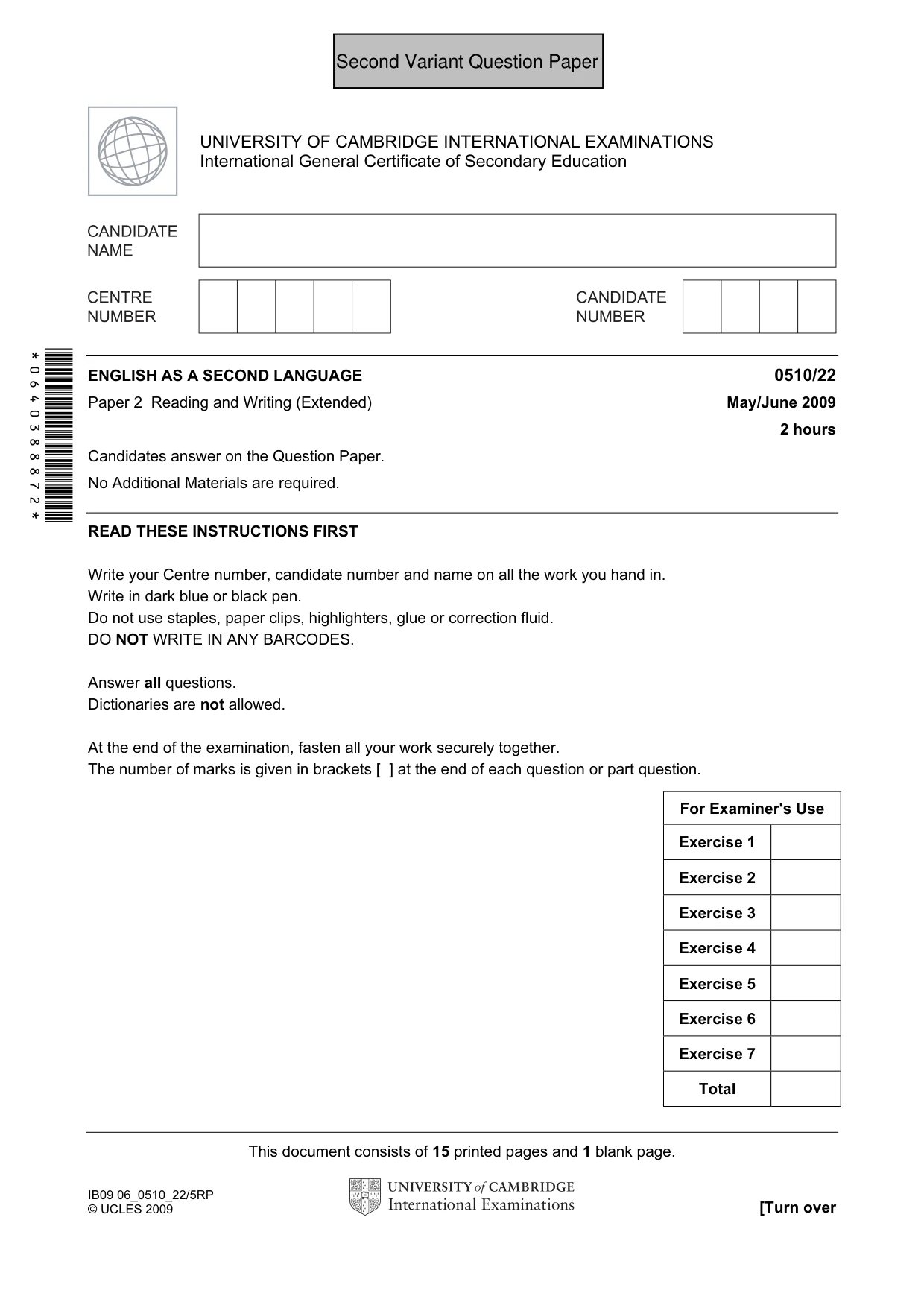 Cambridge IGCSE English - Second Language (oral endorsement) 0510 2009 May/June Paper 2 · Variant 1 question paper, page 18 of 33