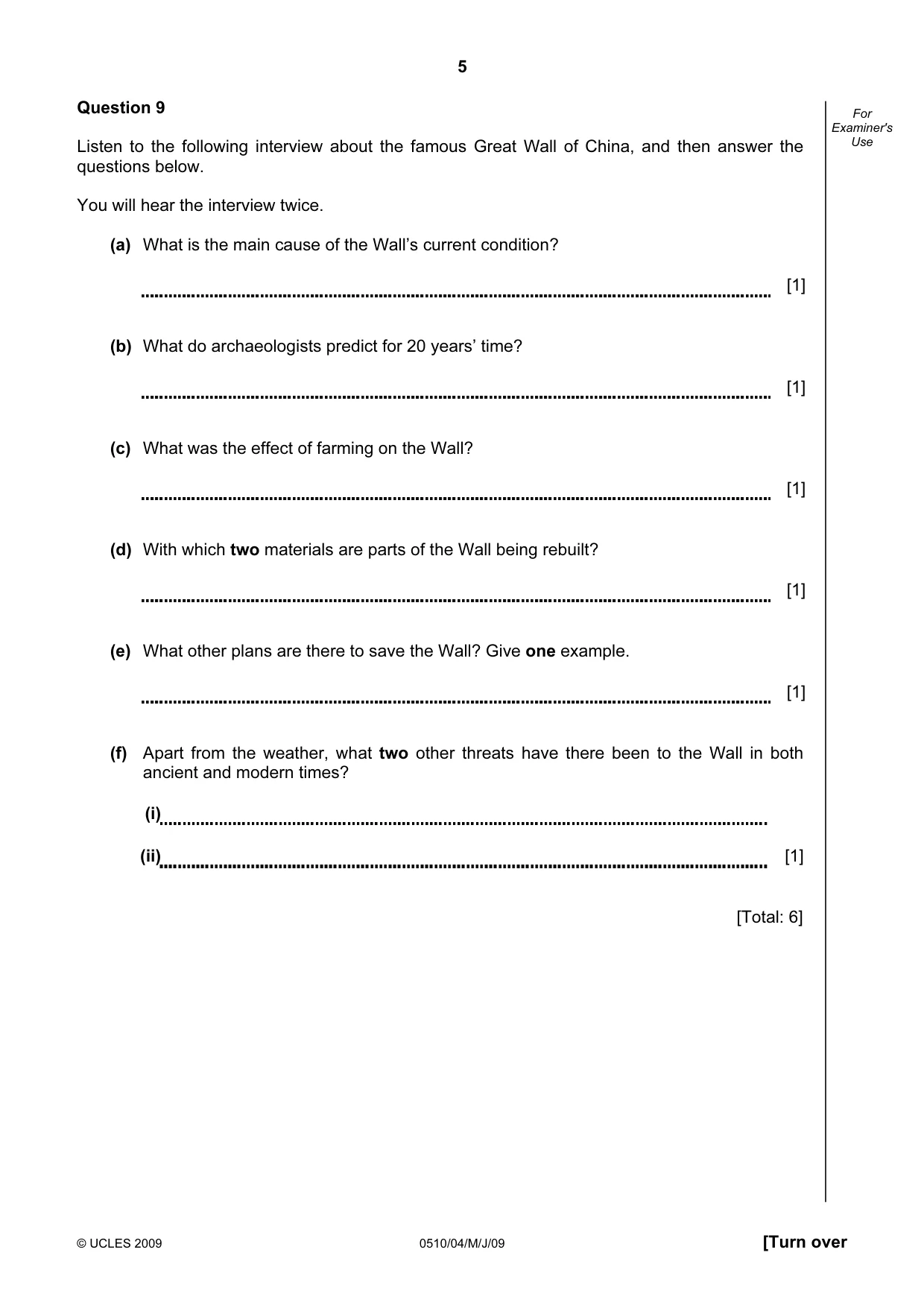 Cambridge IGCSE English - Second Language (oral endorsement) 0510 2009 May/June Paper 4 · Variant 1 question paper, page 5 of 8