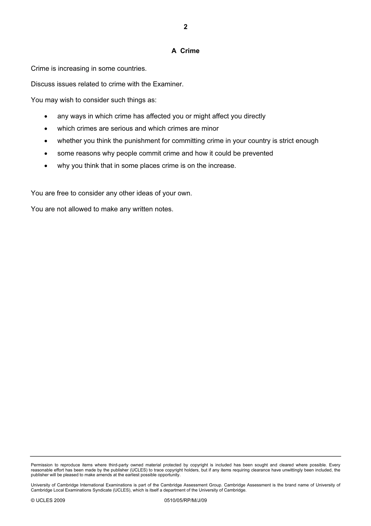 Cambridge IGCSE English - Second Language (oral endorsement) 0510 2009 May/June Paper 5 · Variant 1 question paper, page 2 of 10