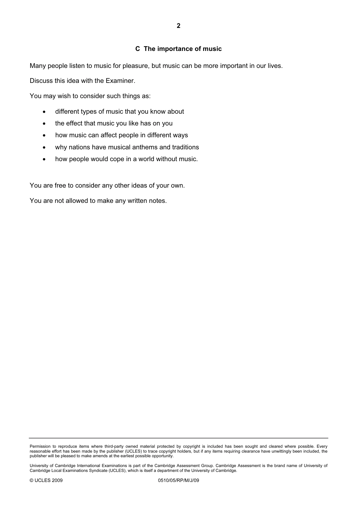 Cambridge IGCSE English - Second Language (oral endorsement) 0510 2009 May/June Paper 5 · Variant 1 question paper, page 6 of 10