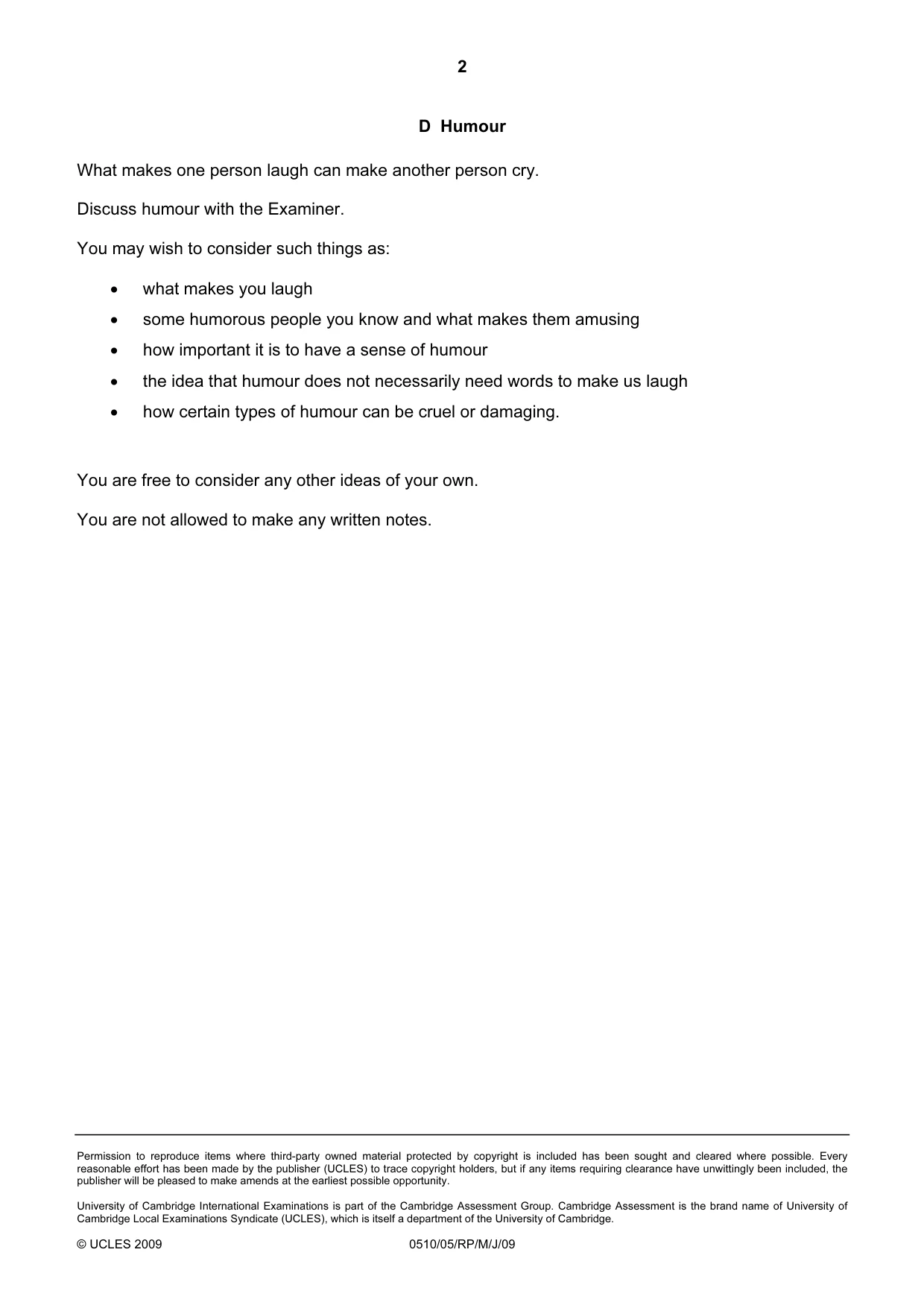 Cambridge IGCSE English - Second Language (oral endorsement) 0510 2009 May/June Paper 5 · Variant 1 question paper, page 8 of 10