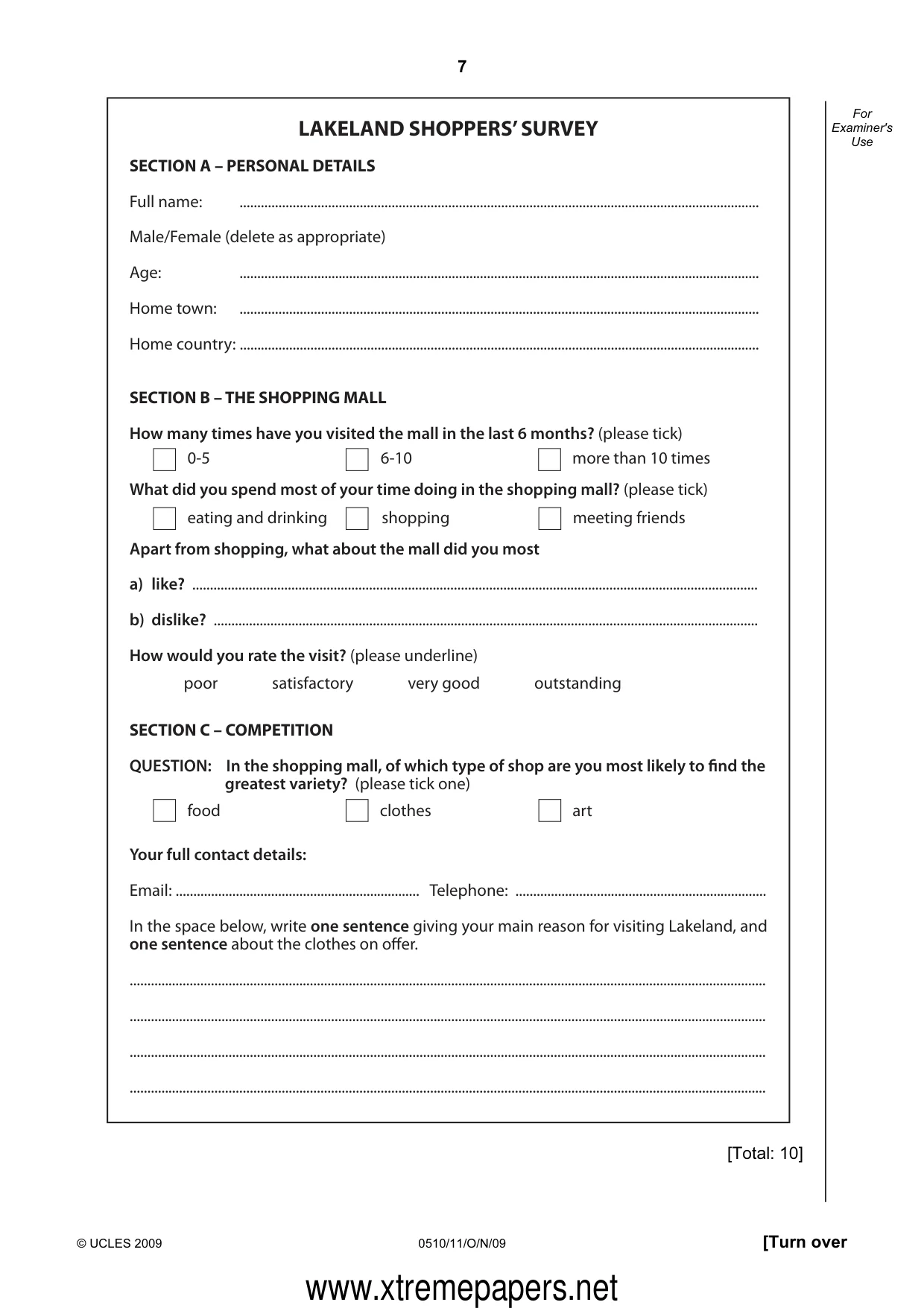 Cambridge IGCSE English - Second Language (oral endorsement) 0510 2009 Oct/Nov Paper 1 · Variant 1 question paper, page 7 of 16