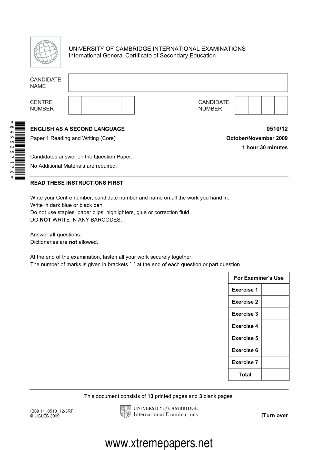 Cambridge IGCSE English - Second Language (oral endorsement) 0510 2009 Oct/Nov Paper 1 · Variant 2 question paper, page 1 of 16