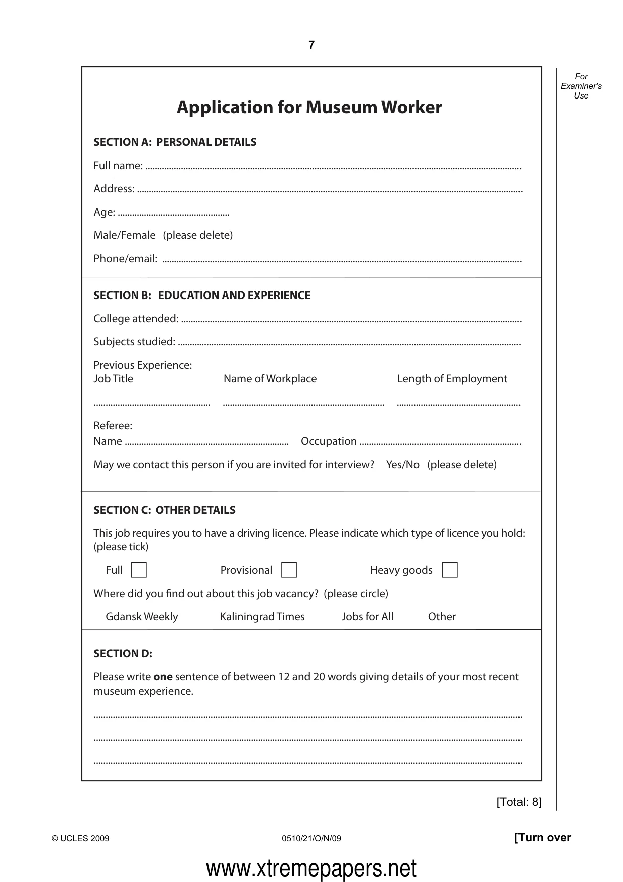 Cambridge IGCSE English - Second Language (oral endorsement) 0510 2009 Oct/Nov Paper 2 · Variant 1 question paper, page 7 of 16