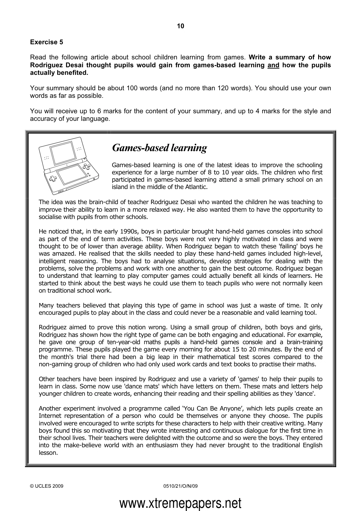 Cambridge IGCSE English - Second Language (oral endorsement) 0510 2009 Oct/Nov Paper 2 · Variant 1 question paper, page 10 of 16