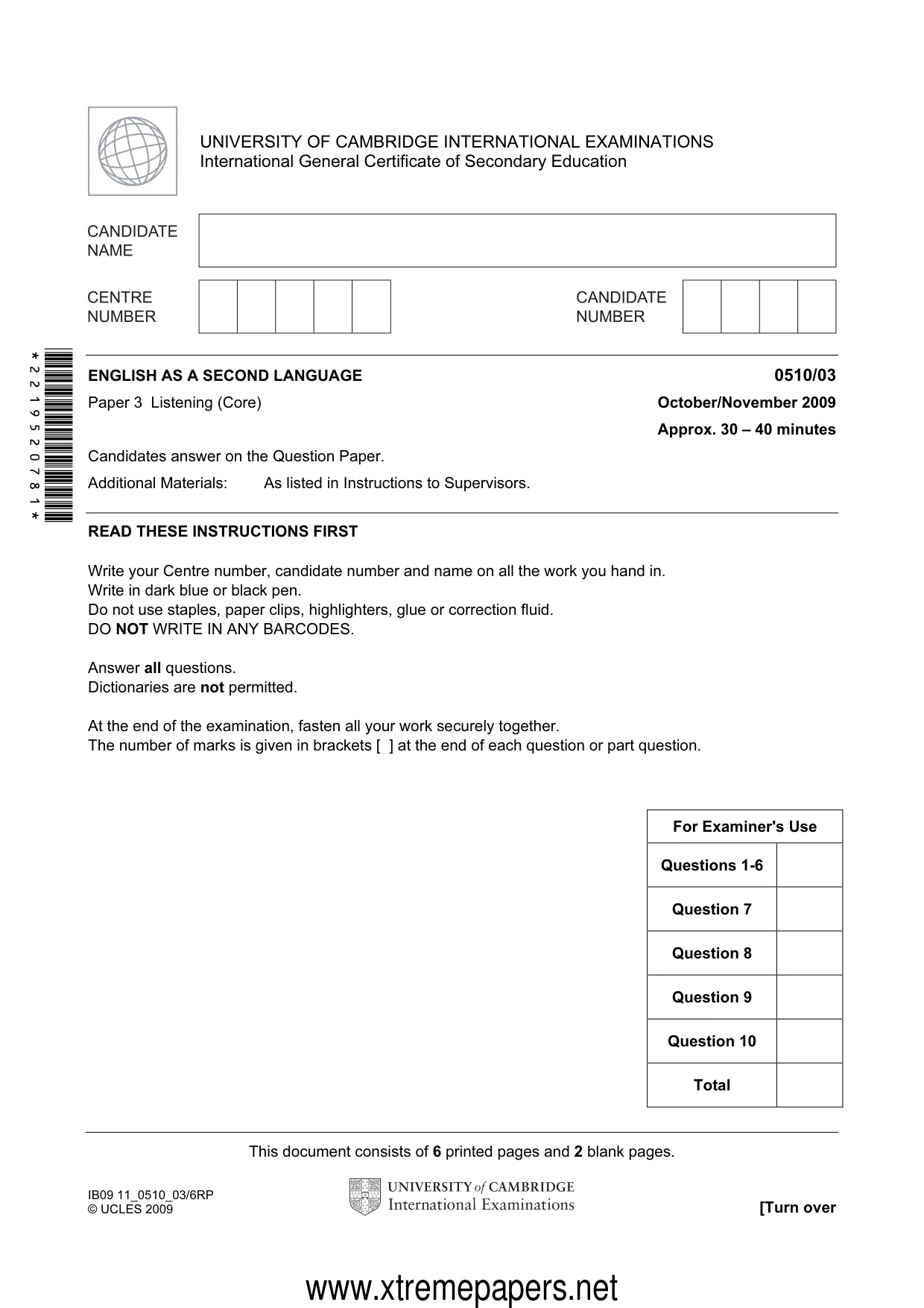 Cambridge IGCSE English - Second Language (oral endorsement) 0510 2009 Oct/Nov Paper 3 · Variant 1 question paper, page 1 of 8