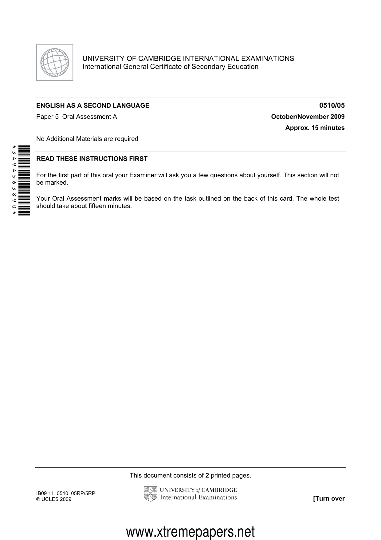 Cambridge IGCSE English - Second Language (oral endorsement) 0510 2009 Oct/Nov Paper 5 · Variant 1 question paper, page 1 of 10
