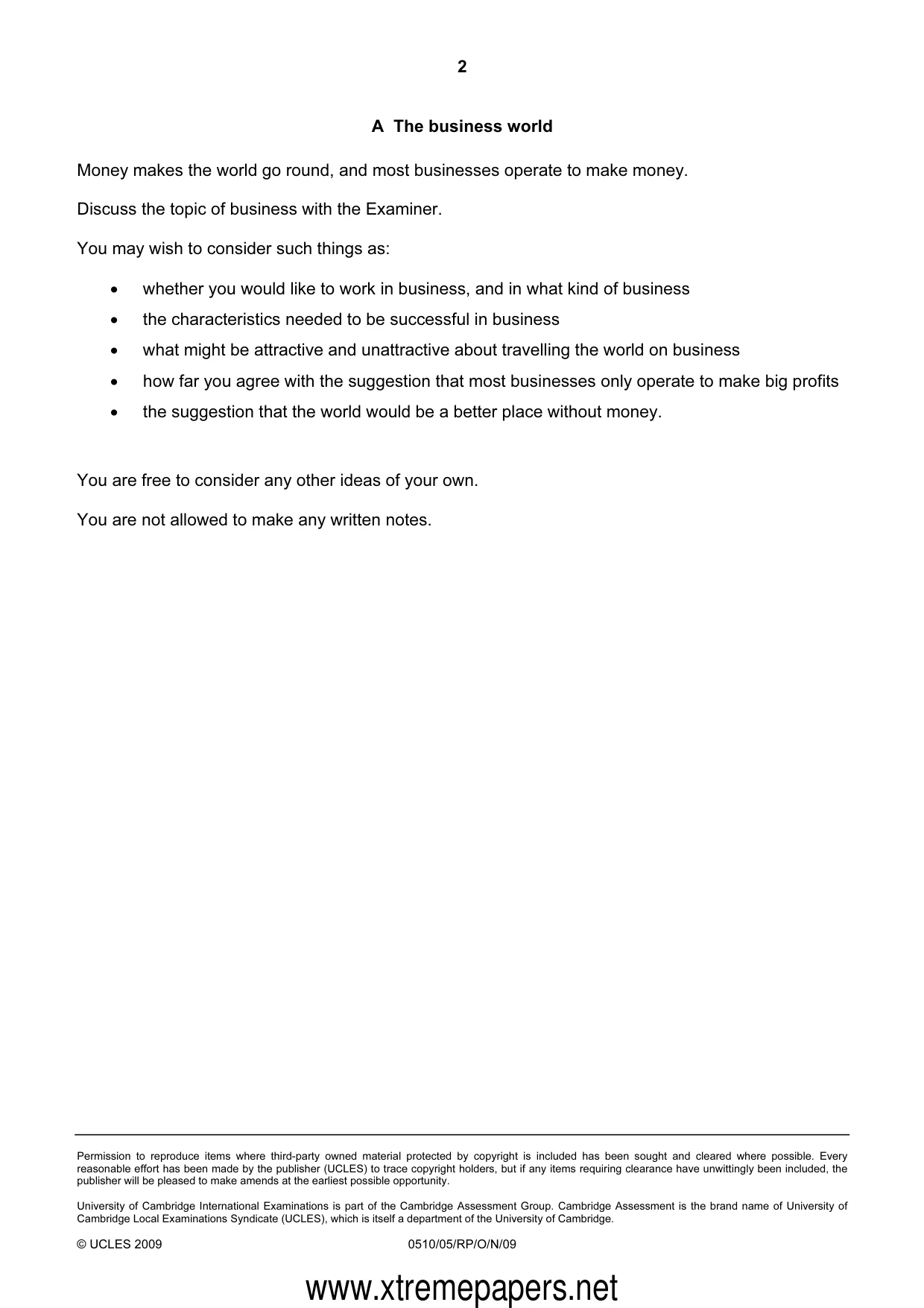 Cambridge IGCSE English - Second Language (oral endorsement) 0510 2009 Oct/Nov Paper 5 · Variant 1 question paper, page 2 of 10