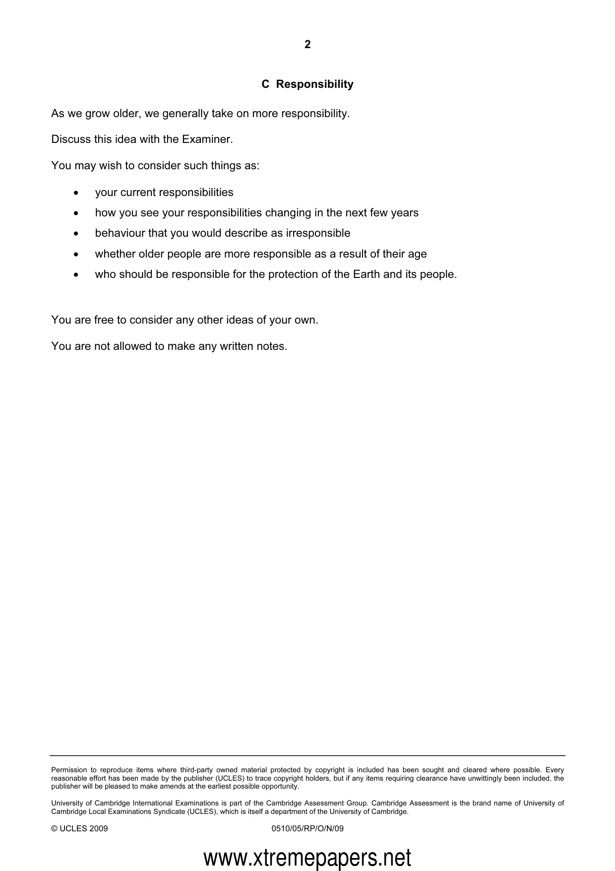 Cambridge IGCSE English - Second Language (oral endorsement) 0510 2009 Oct/Nov Paper 5 · Variant 1 question paper, page 6 of 10