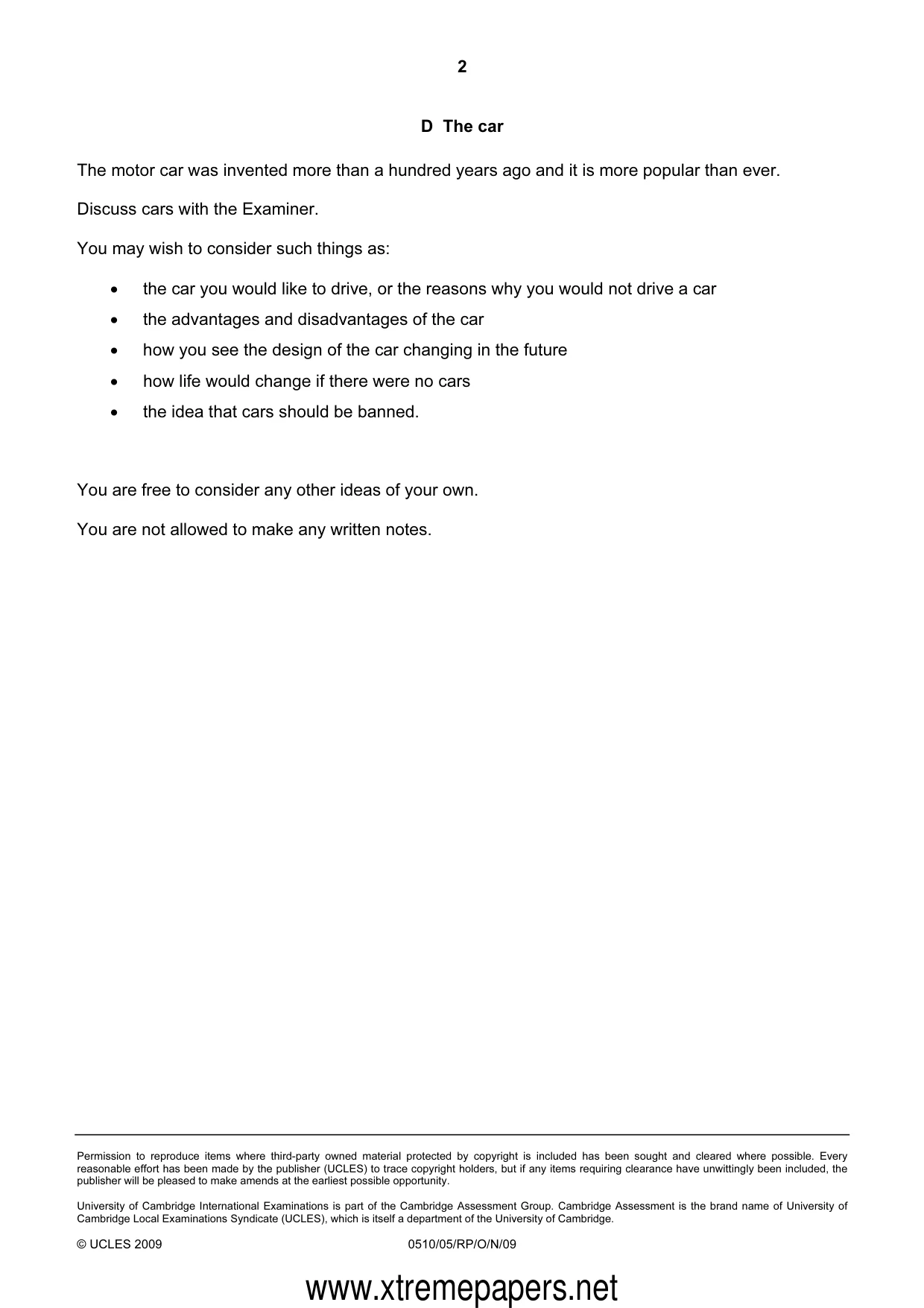 Cambridge IGCSE English - Second Language (oral endorsement) 0510 2009 Oct/Nov Paper 5 · Variant 1 question paper, page 8 of 10