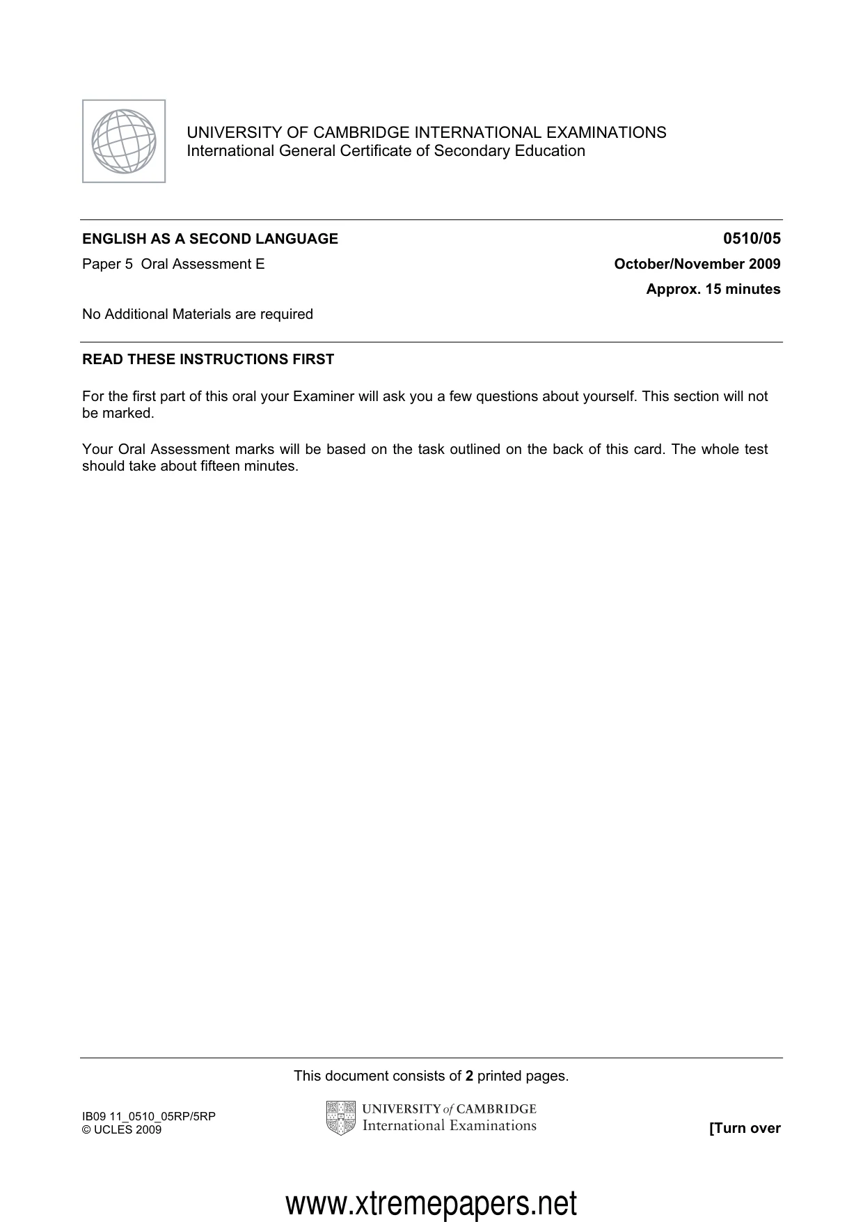 Cambridge IGCSE English - Second Language (oral endorsement) 0510 2009 Oct/Nov Paper 5 · Variant 1 question paper, page 9 of 10