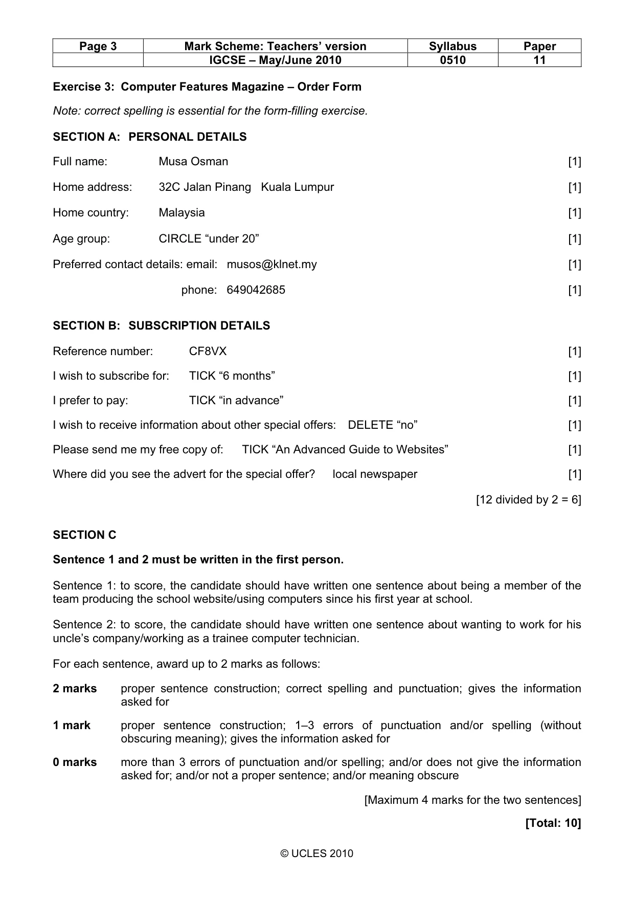 Mark scheme, page 3 of 6