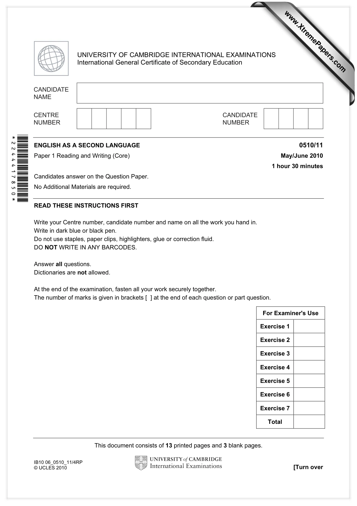 Cambridge IGCSE English - Second Language (oral endorsement) 0510 2010 May/June Paper 1 · Variant 1 question paper, page 1 of 16