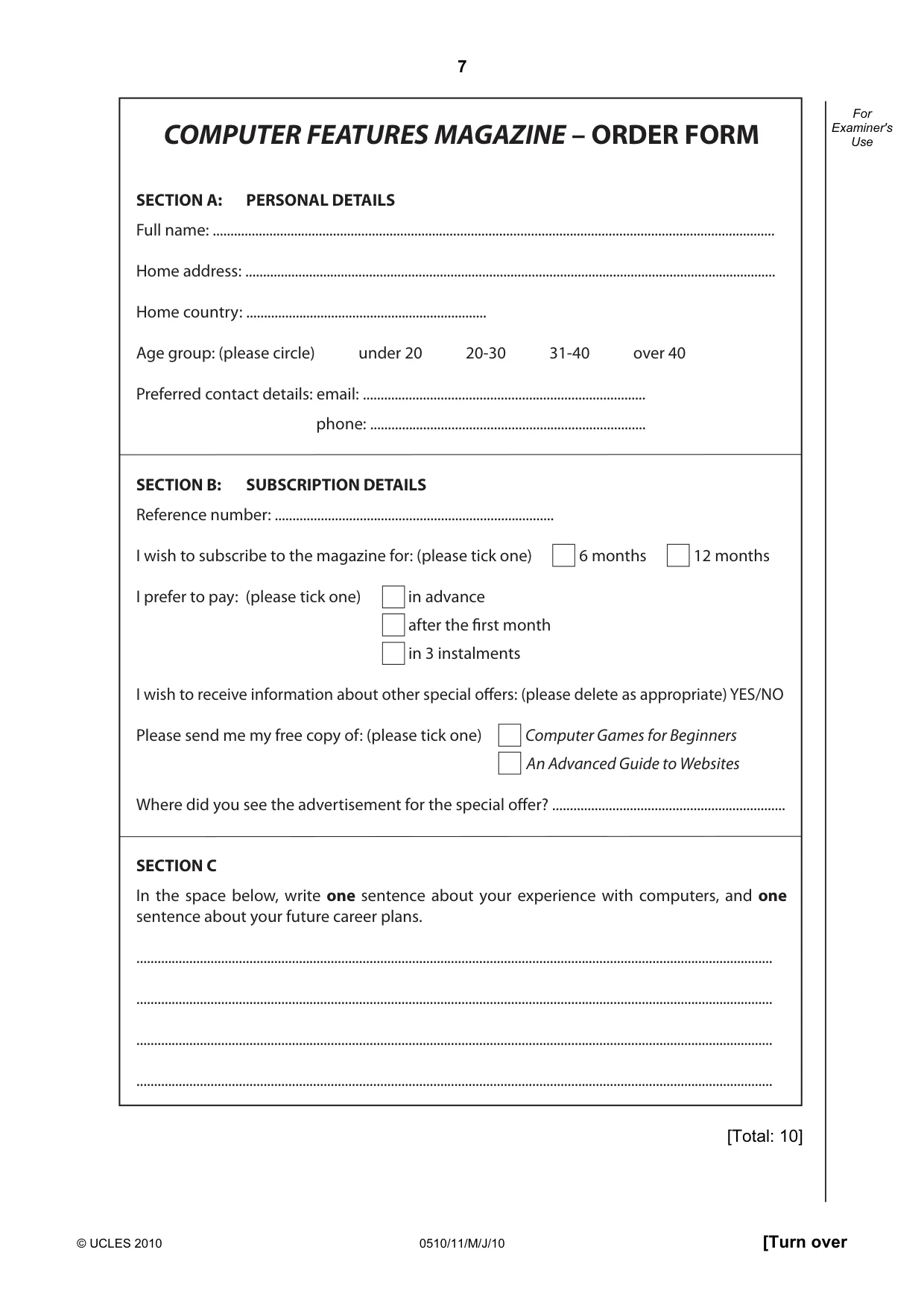 Cambridge IGCSE English - Second Language (oral endorsement) 0510 2010 May/June Paper 1 · Variant 1 question paper, page 7 of 16