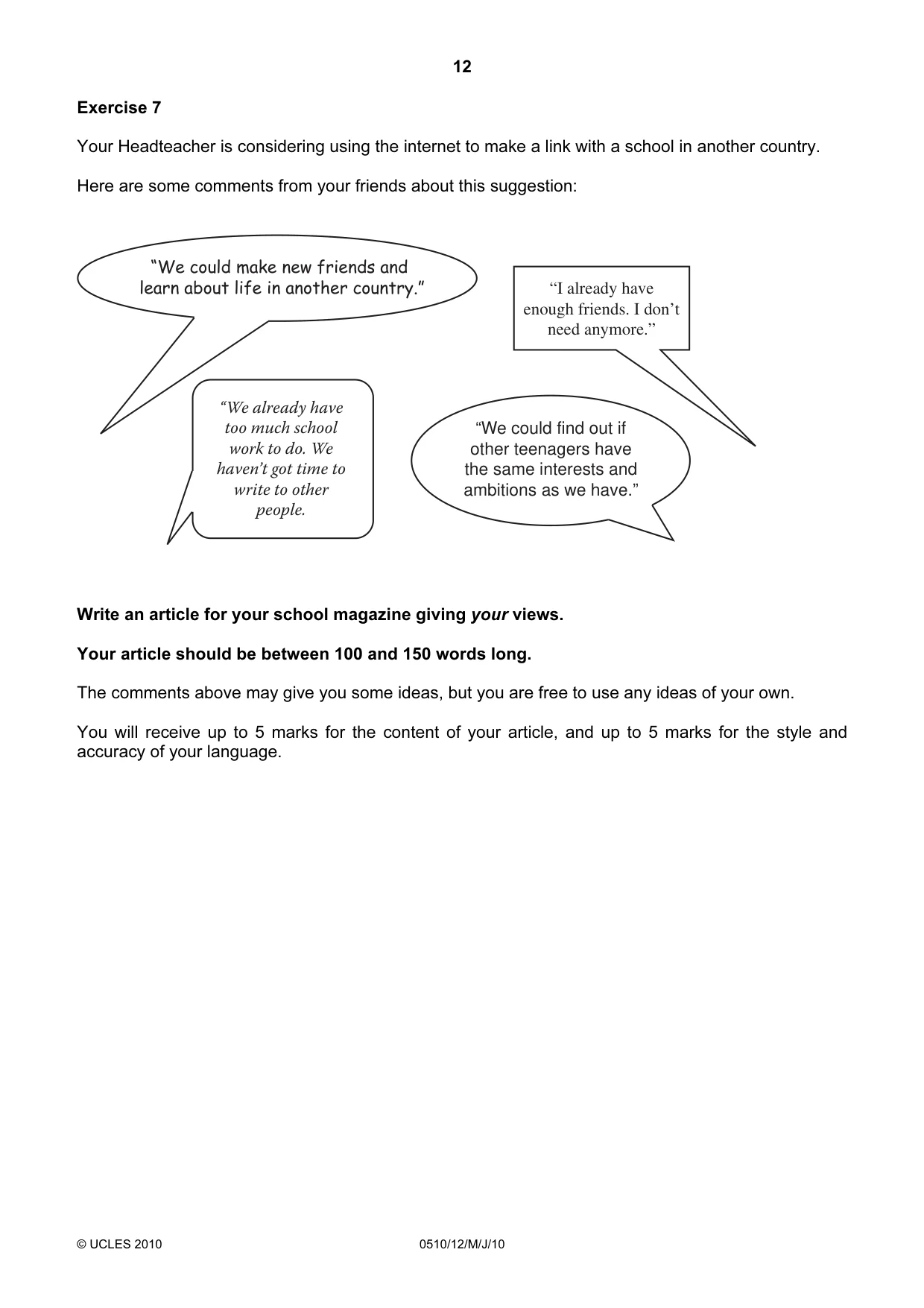 Cambridge IGCSE English - Second Language (oral endorsement) 0510 2010 May/June Paper 1 · Variant 2 question paper, page 12 of 16