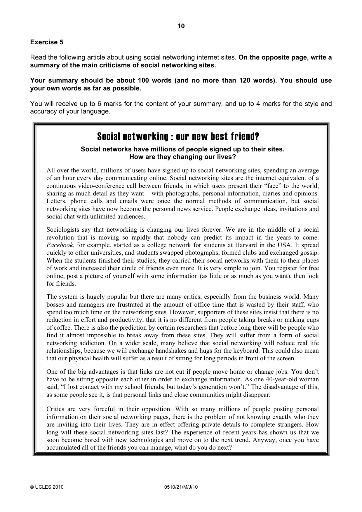 Cambridge IGCSE English - Second Language (oral endorsement) 0510 2010 May/June Paper 2 · Variant 1 question paper, page 10 of 16